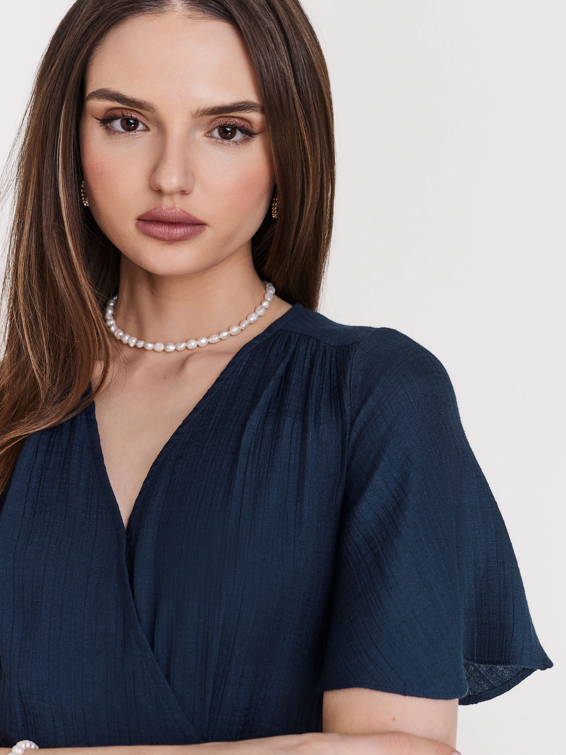 Navy blue elegant dress with envelope neckline