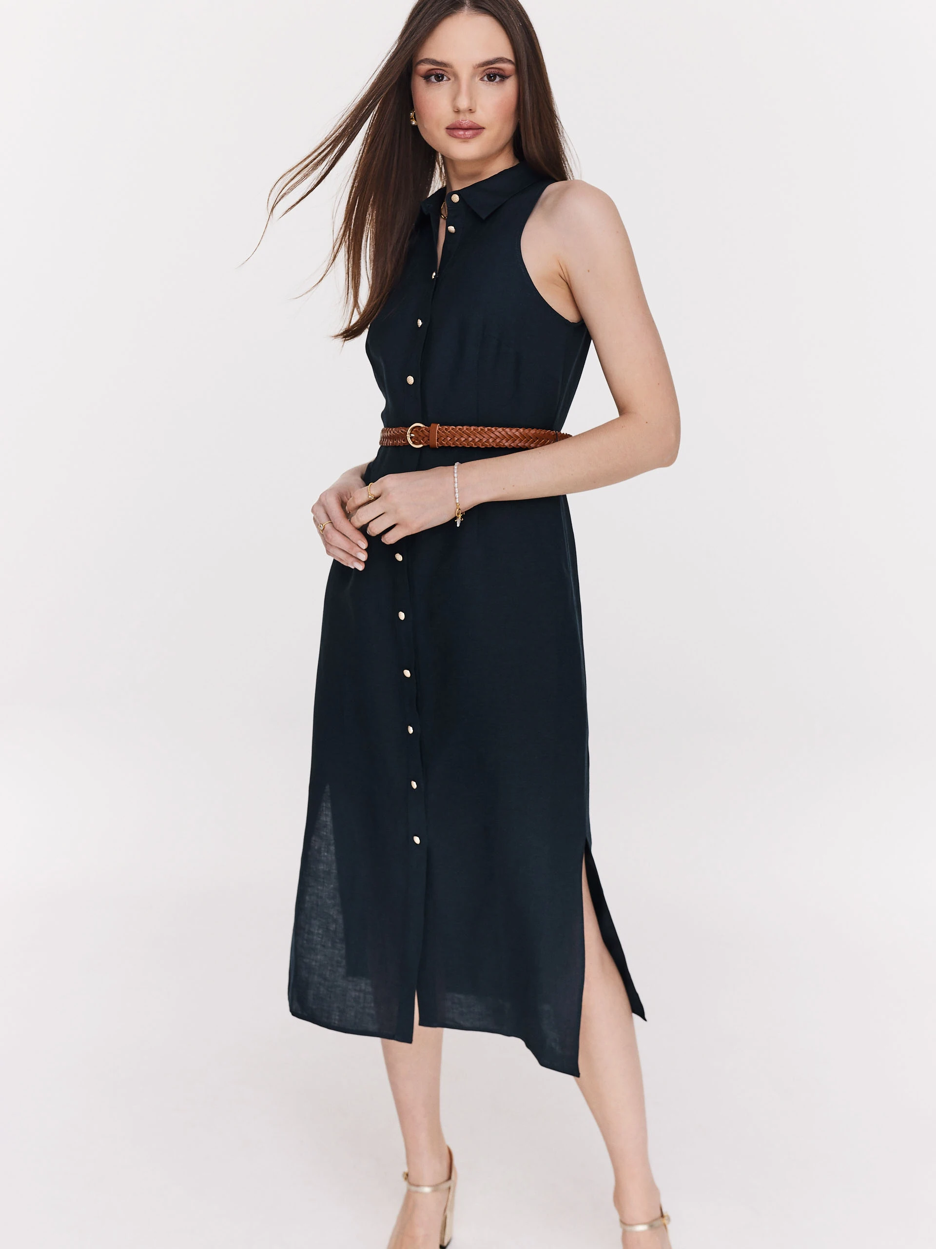 Navy blue button-down midi dress