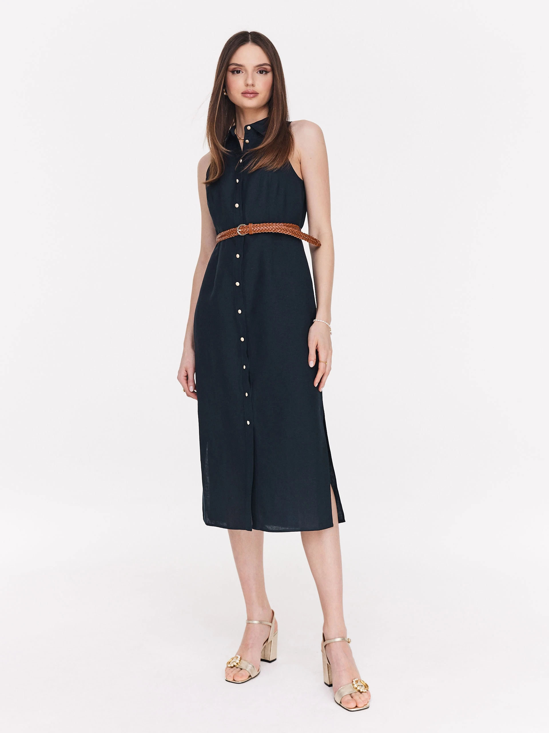 Navy blue button-down midi dress