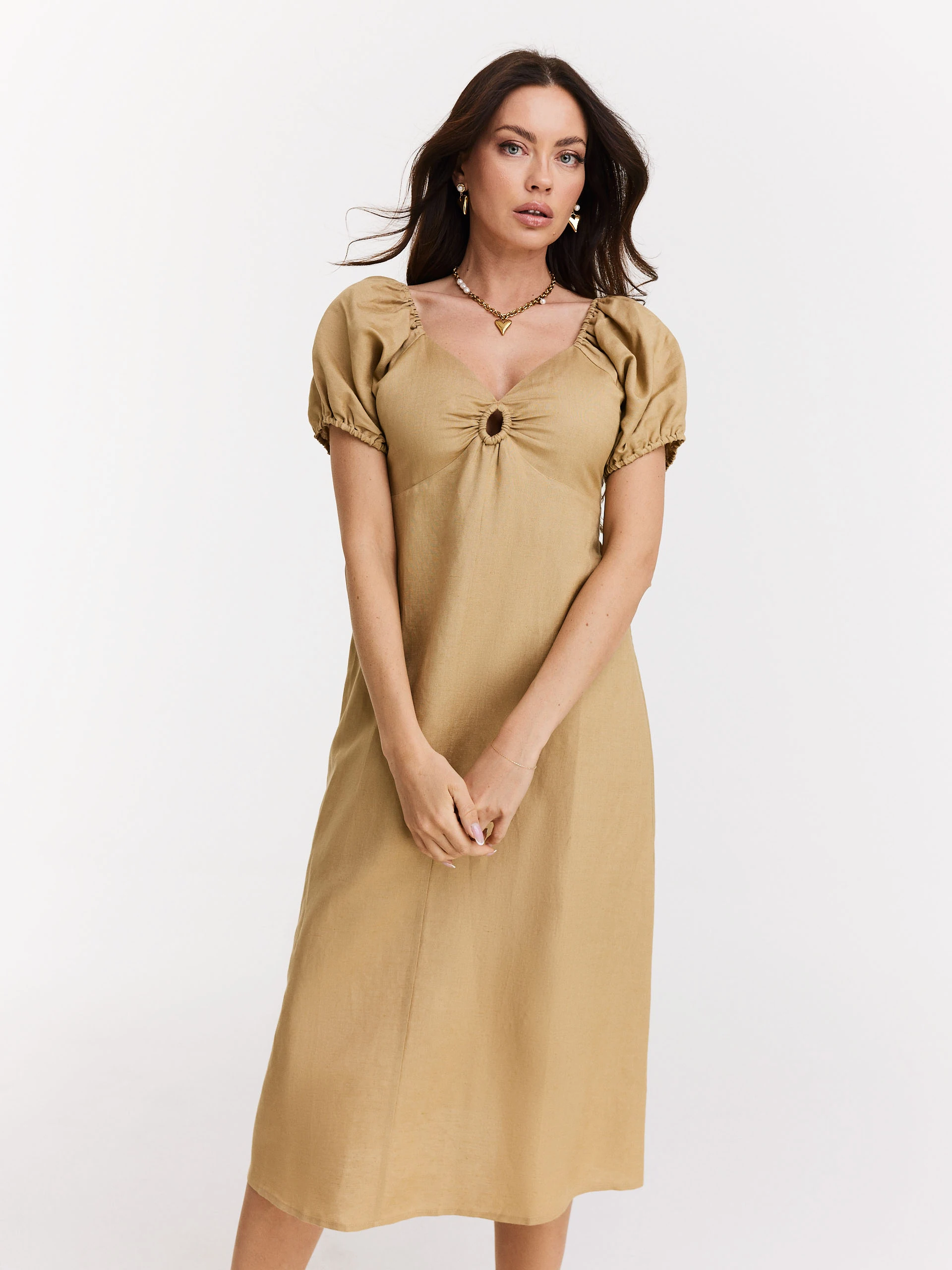 Beige linen dress with buffets