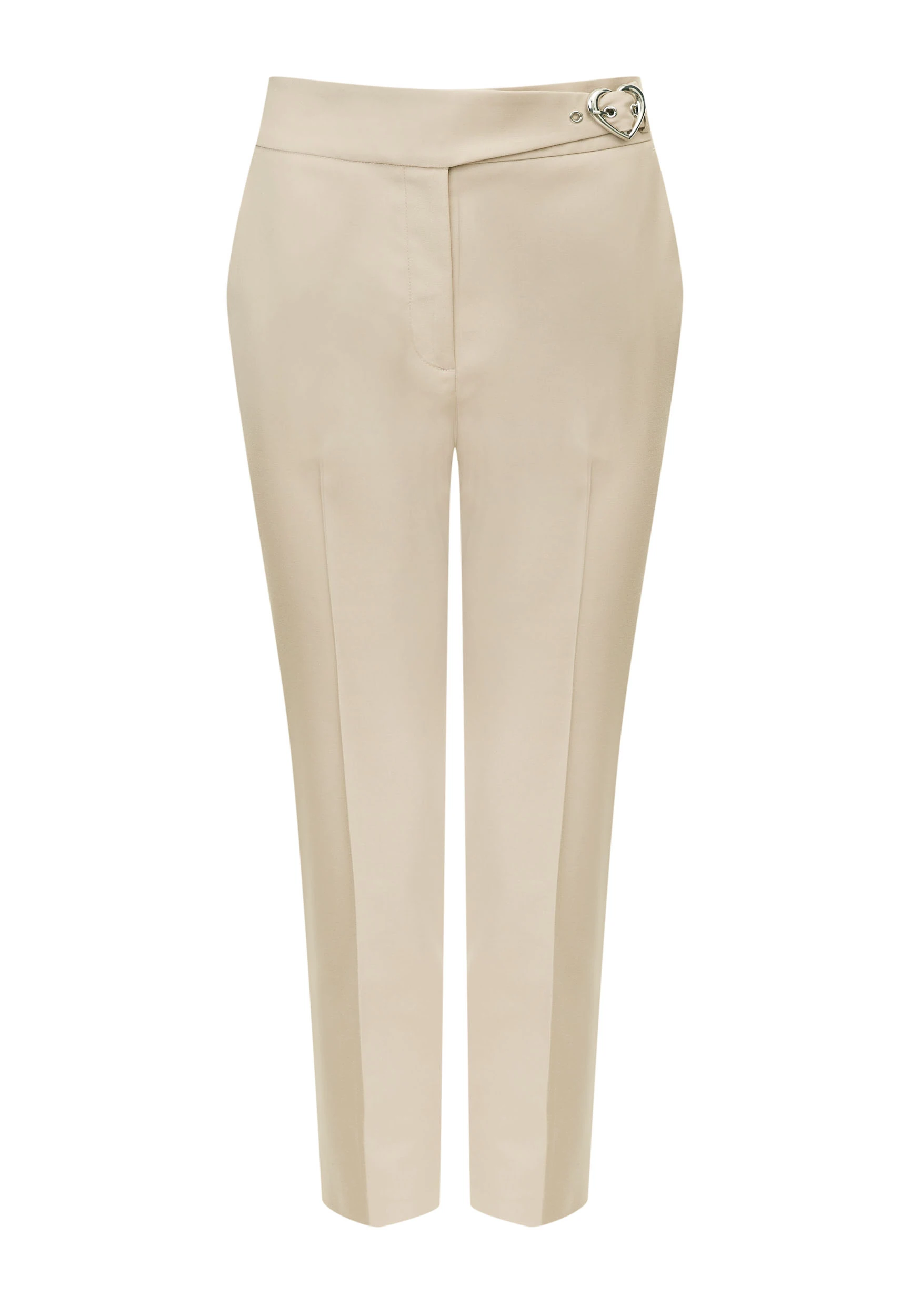 Beige high-waisted pants with clutch