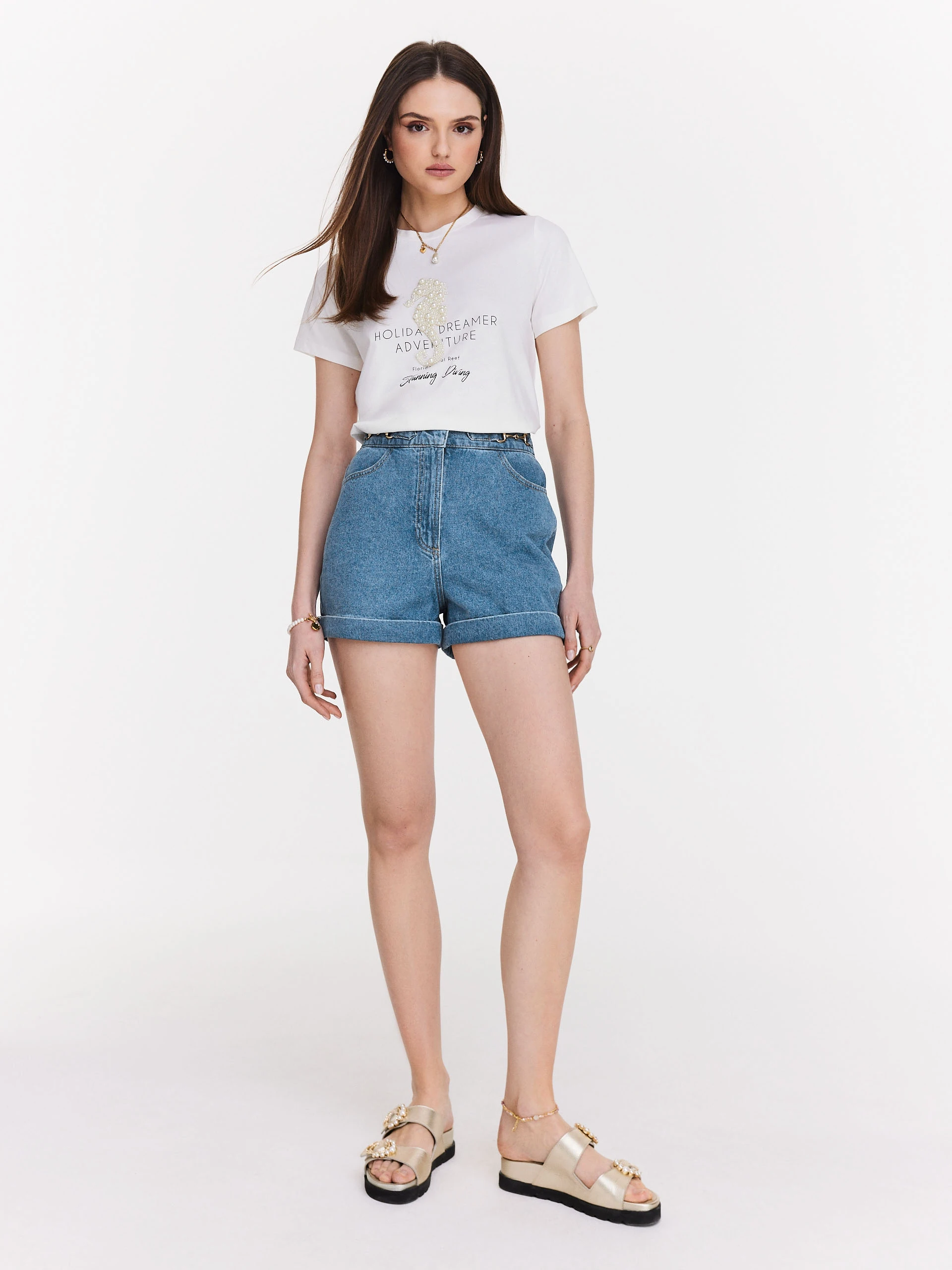 Blue high-waisted denim shorts