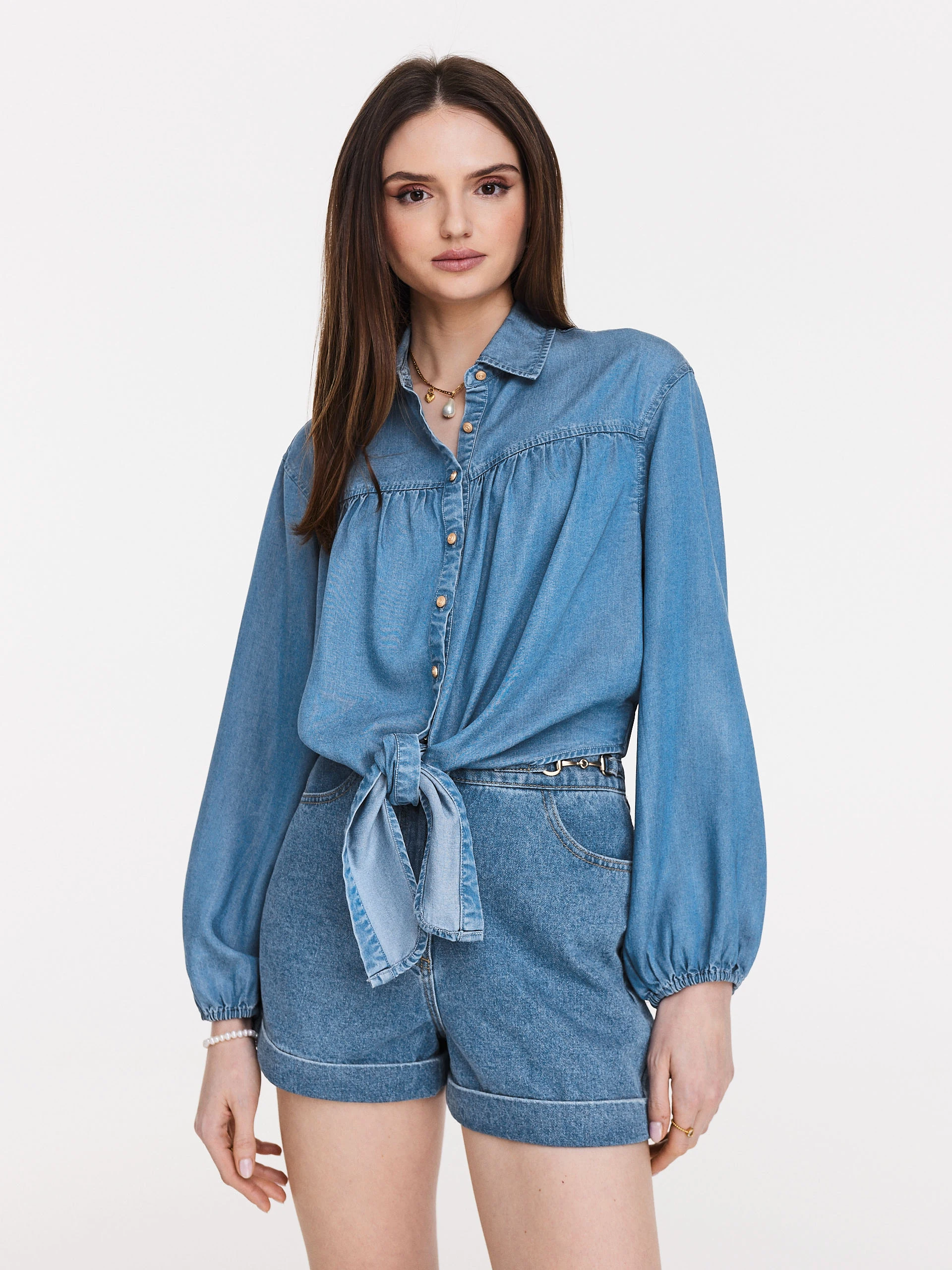 Blue high-waisted denim shorts