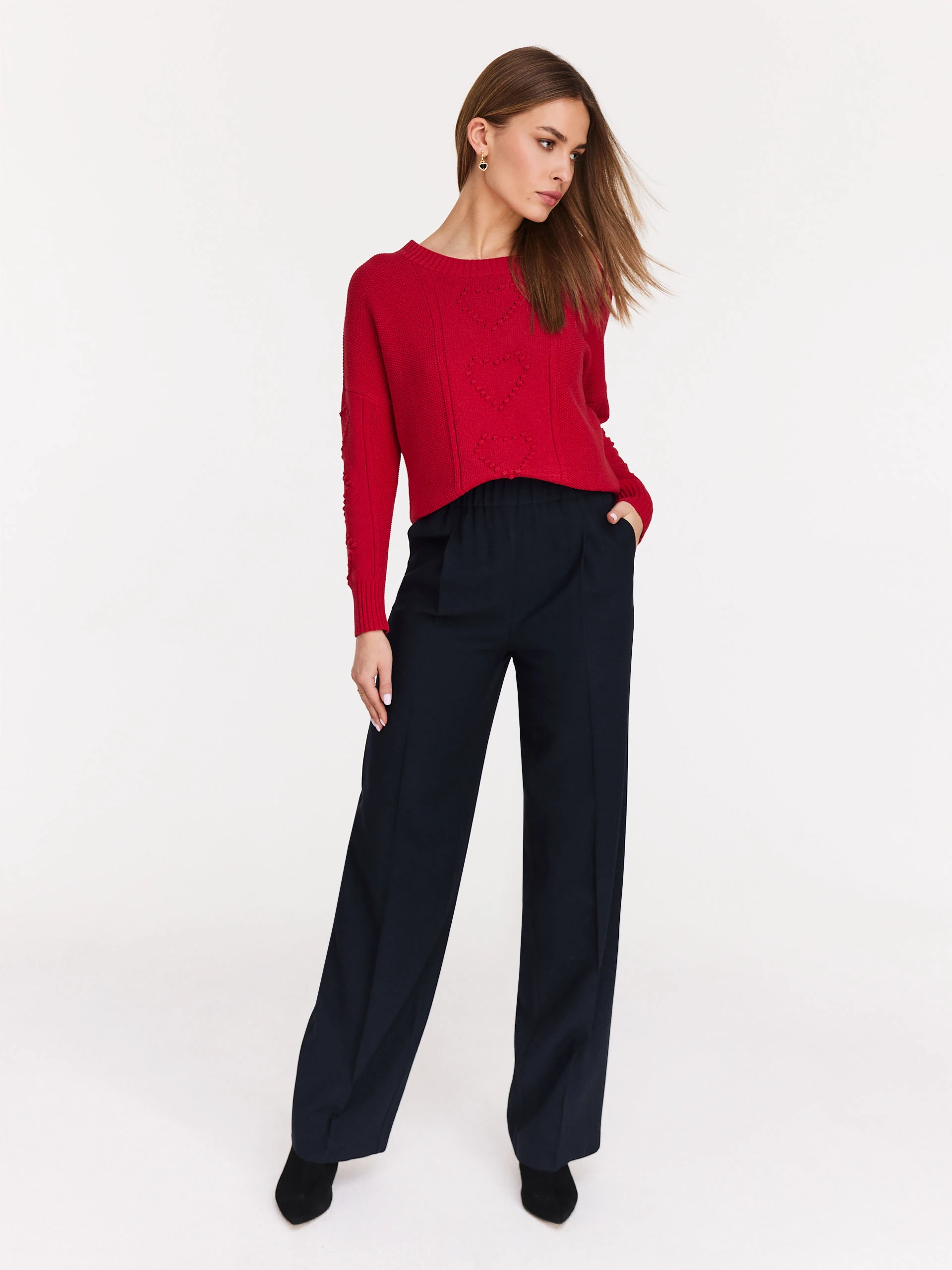 Cotton red sweater with embroidered hearts