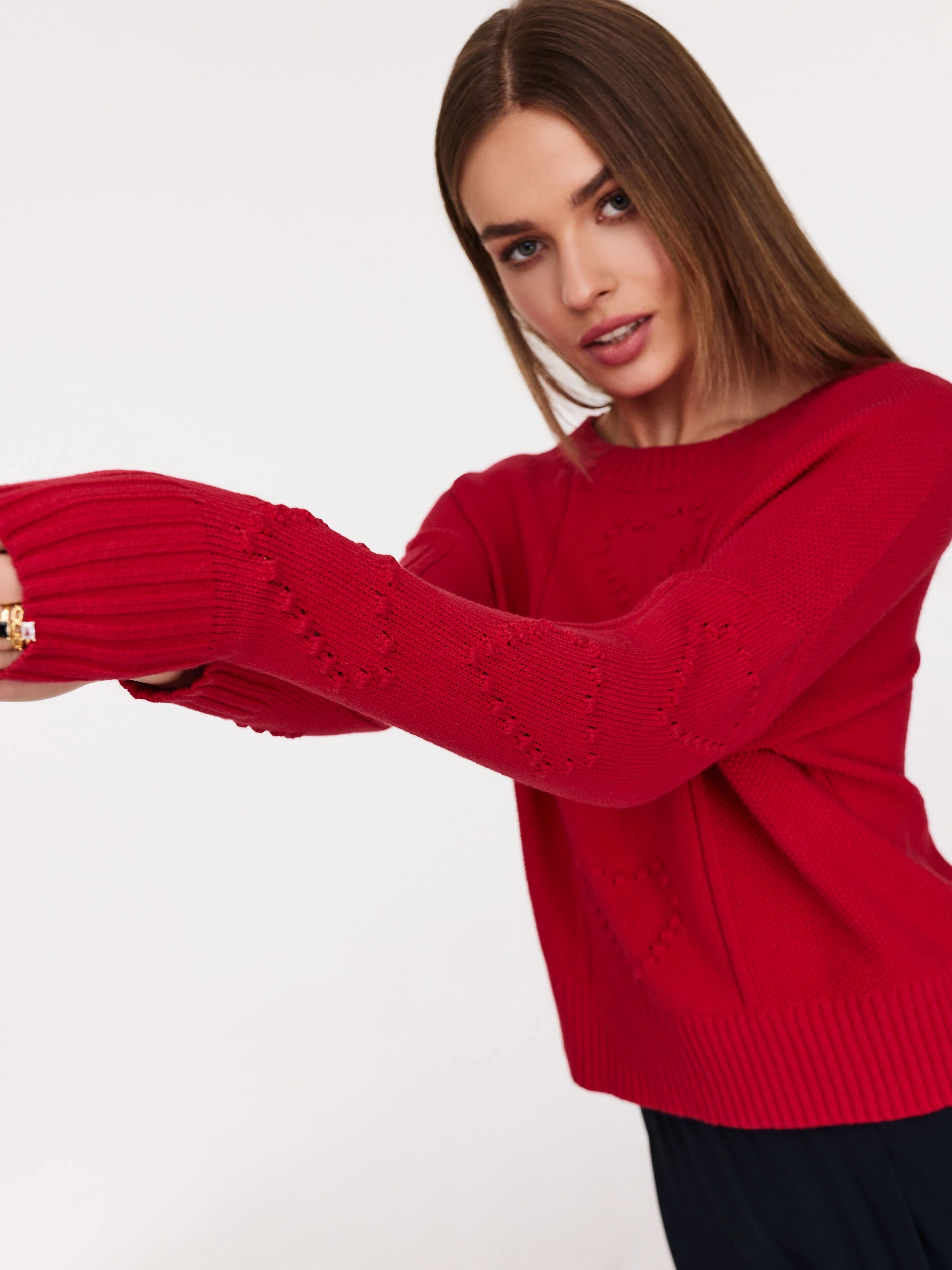 Cotton red sweater with embroidered hearts