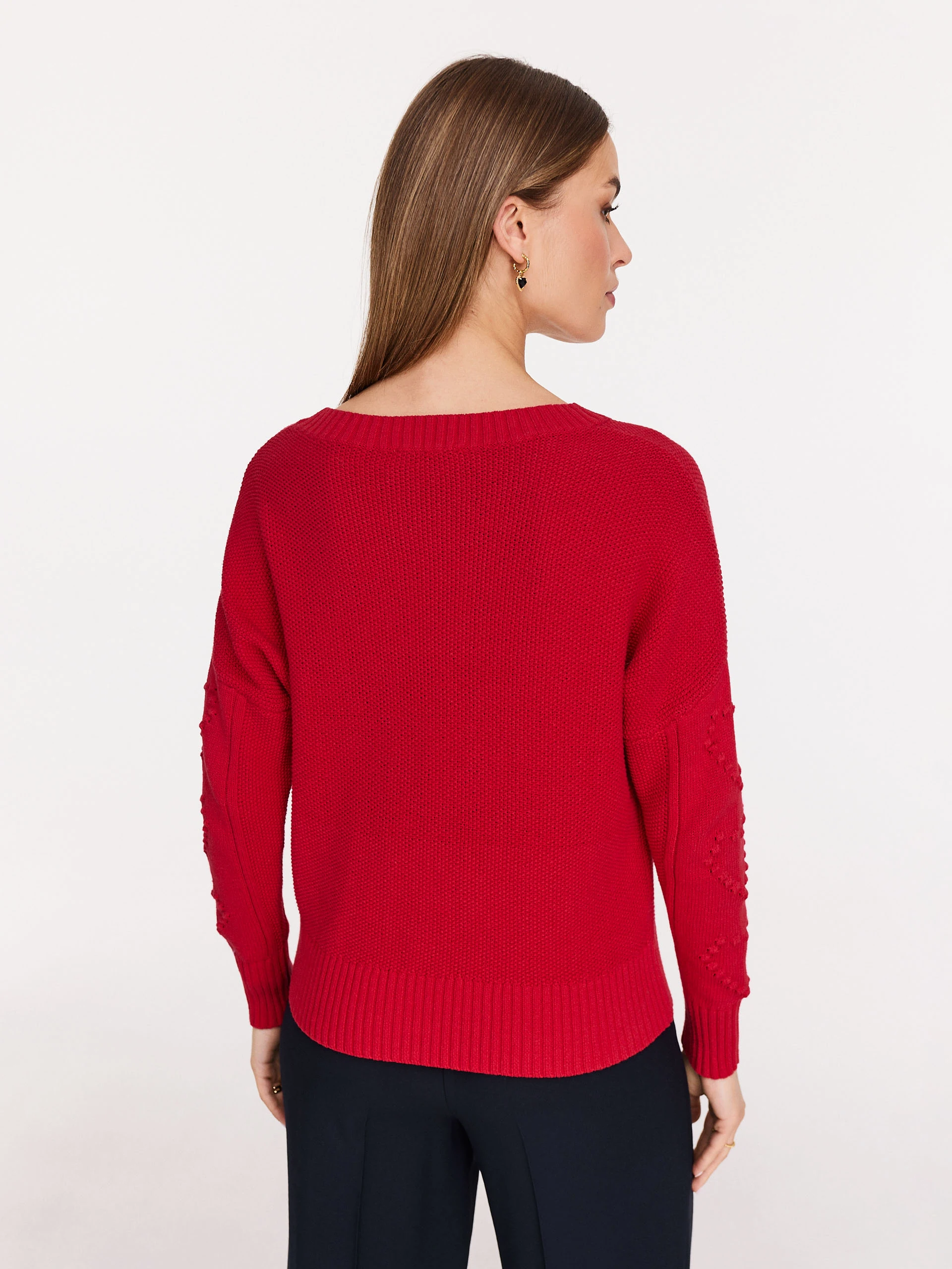 Cotton red sweater with embroidered hearts