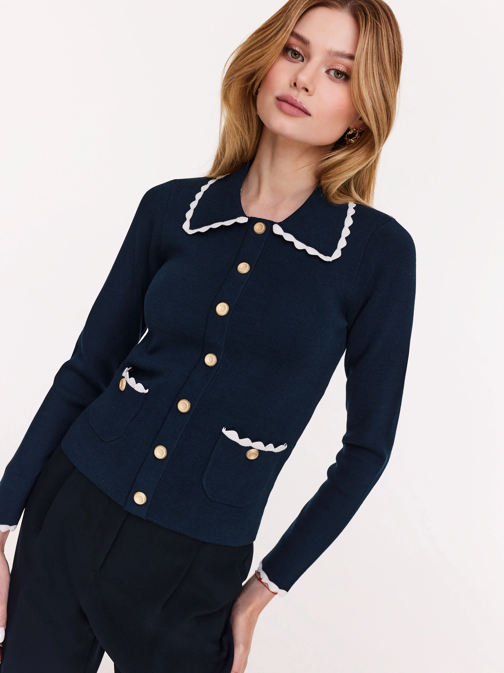 Navy blue cardigan with decorative buttons