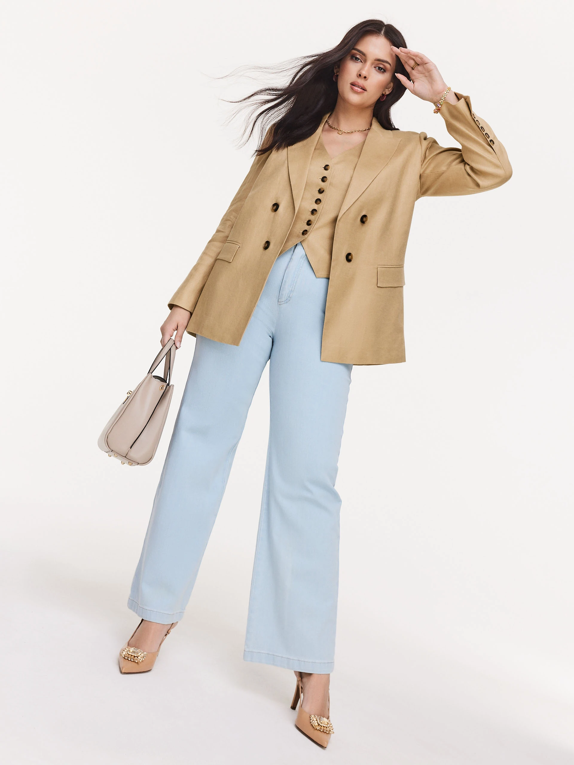 Caramel double-breasted linen jacket