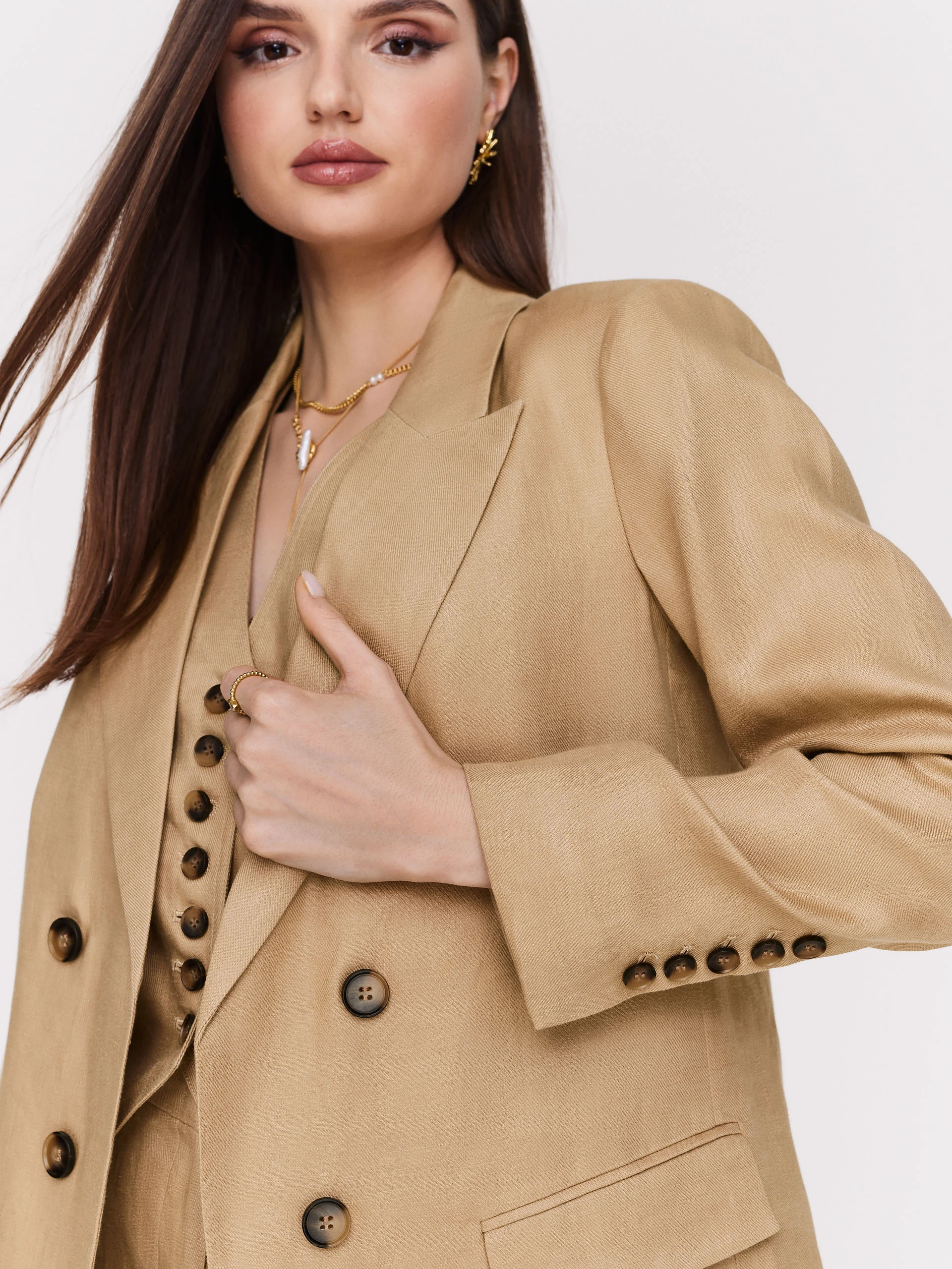 Caramel double-breasted linen jacket