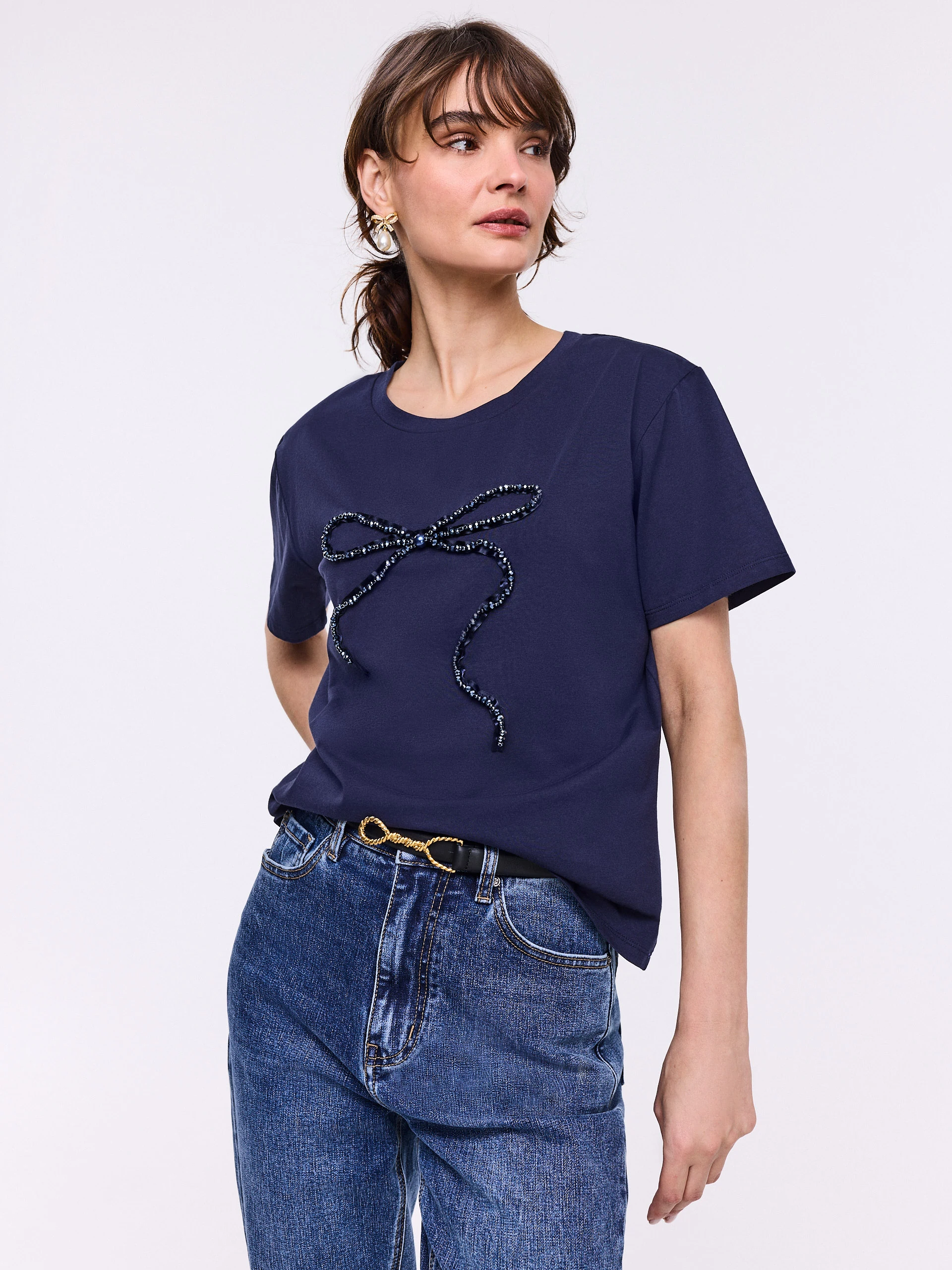 Navy blue cotton blouse with short sleeves and bow