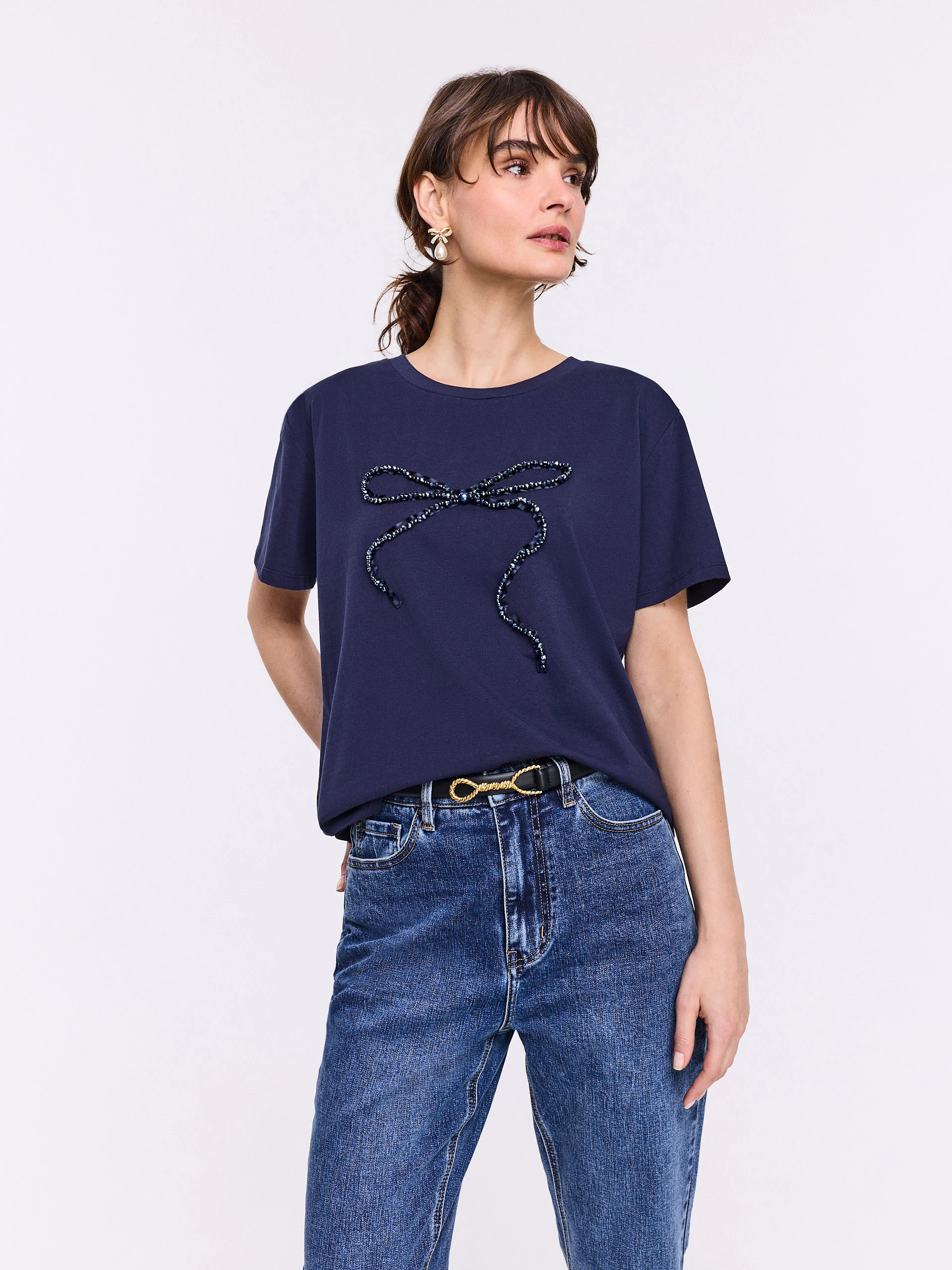 Navy blue cotton blouse with short sleeves and bow