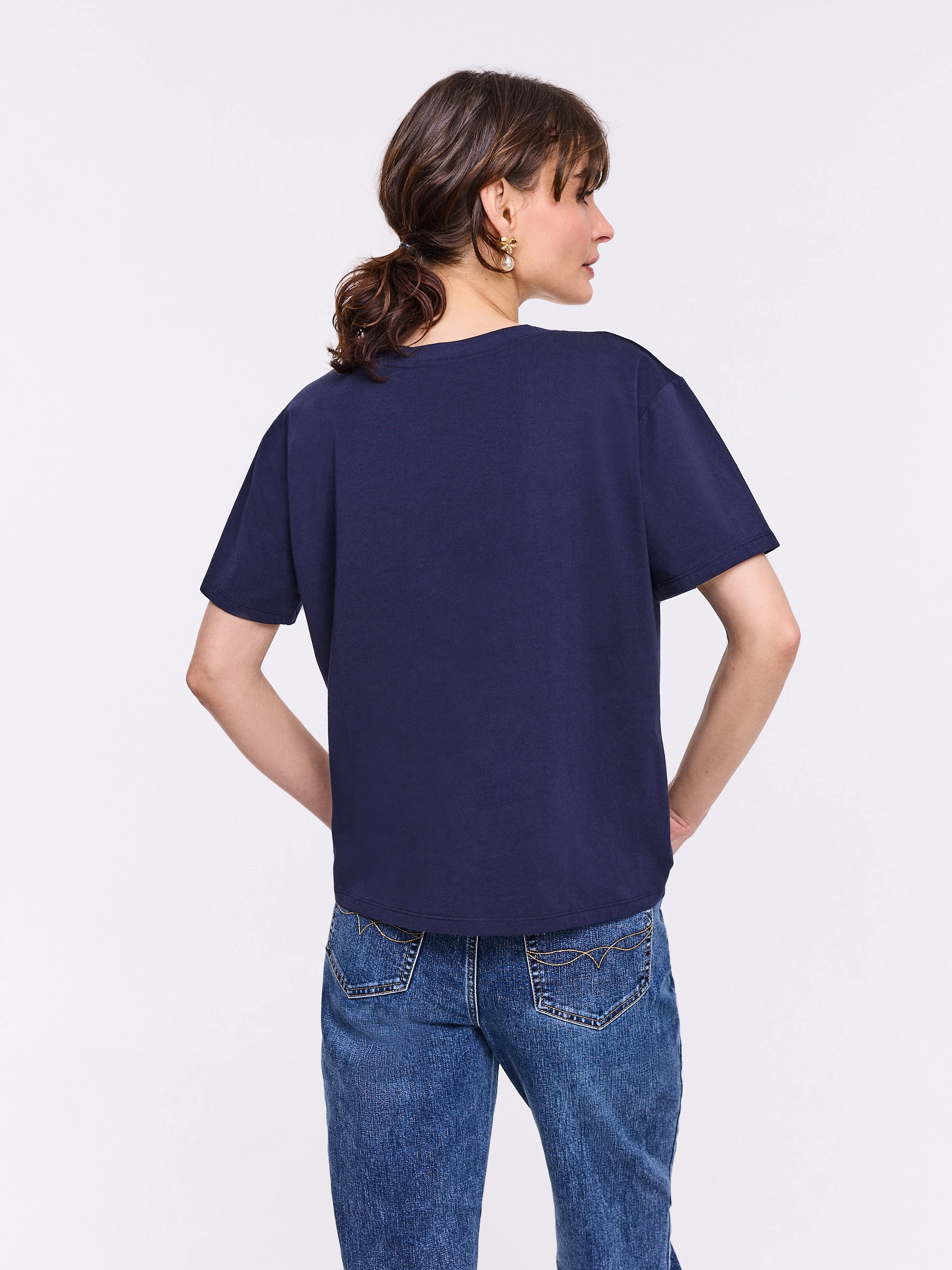 Navy blue cotton blouse with short sleeves and bow