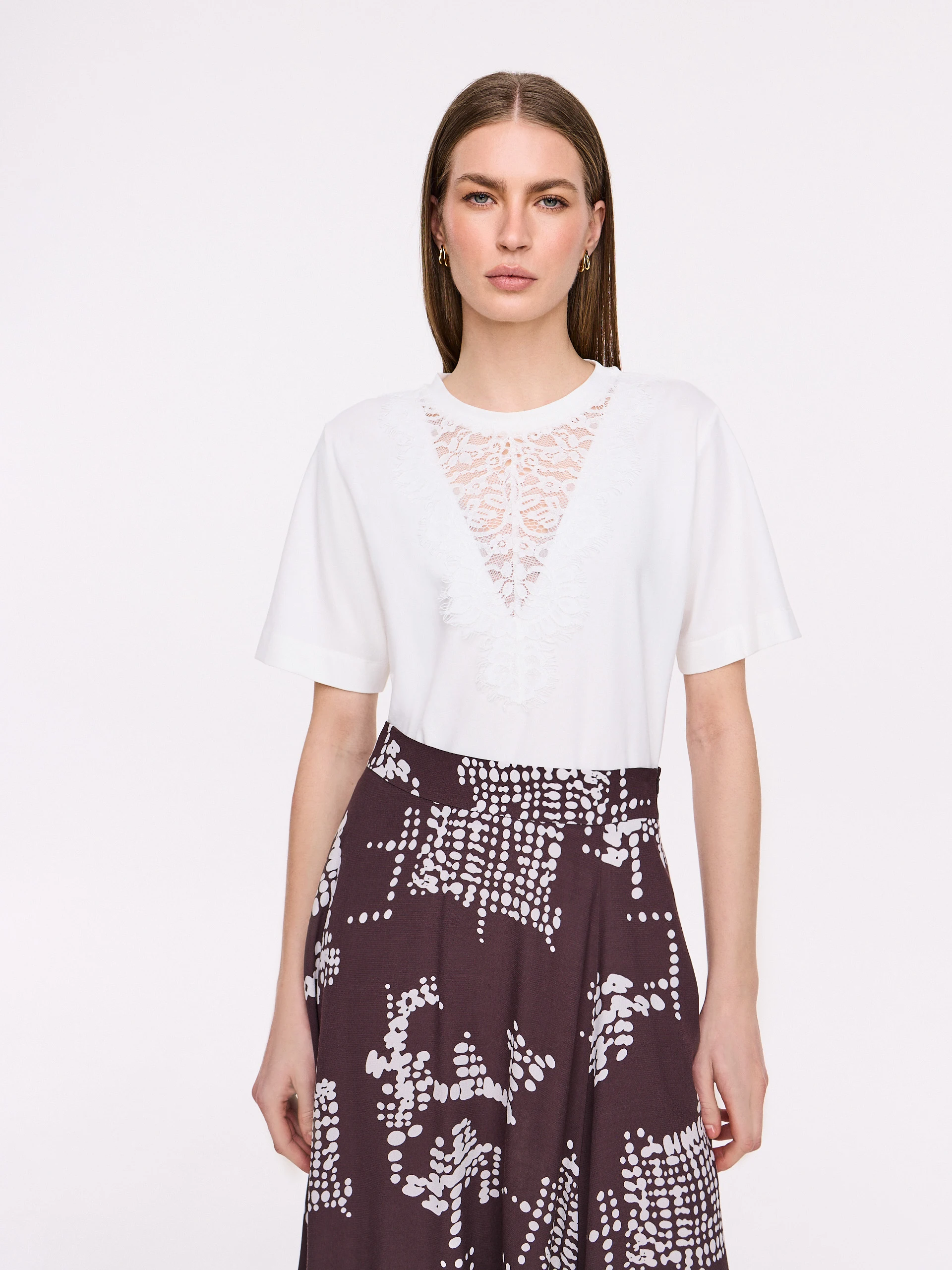 White cotton blouse with lace insert