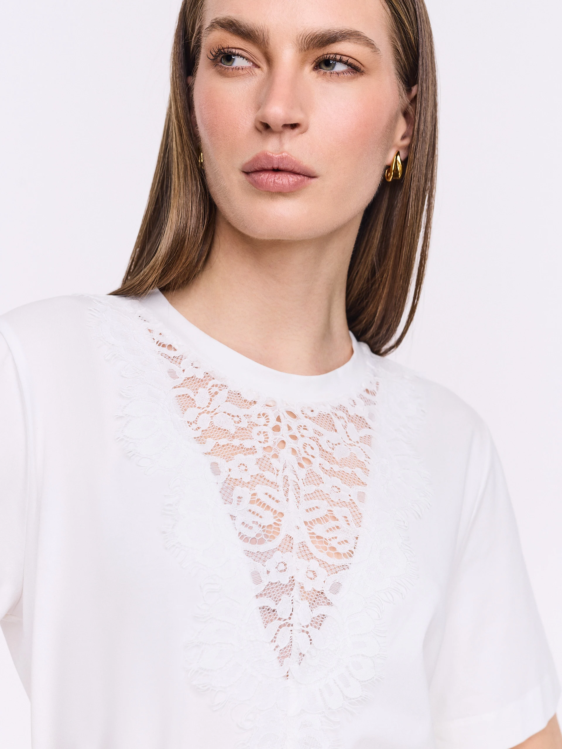 White cotton blouse with lace insert