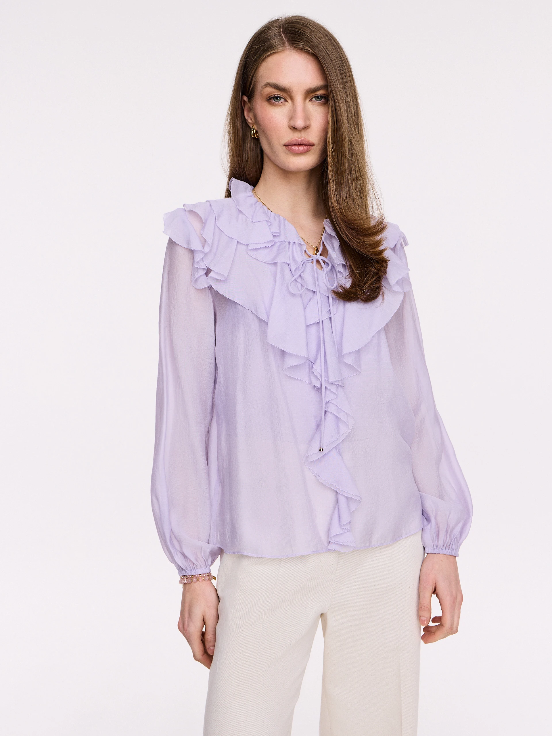Lilac rayon blouse with puffed sleeves and jabot