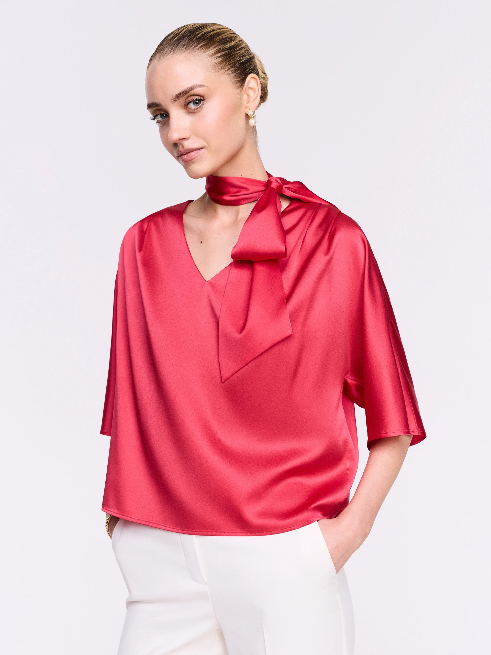 Coral Silk Blouse with Scarf Detail