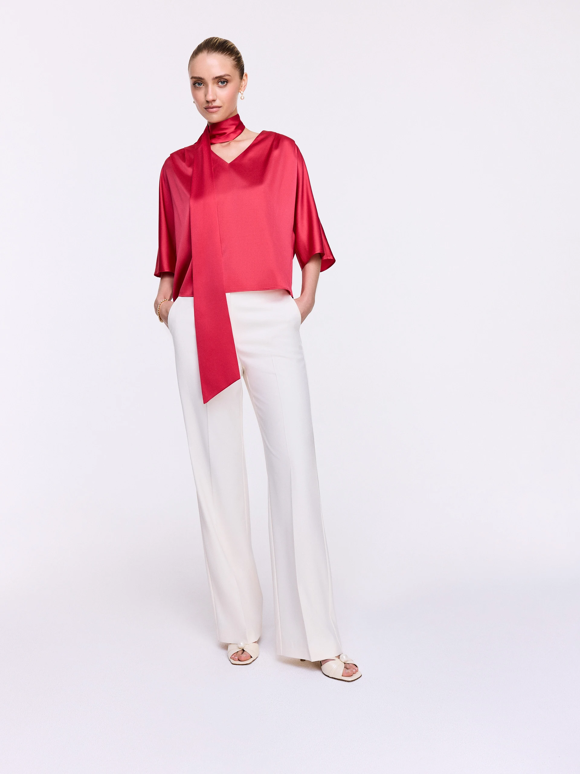 Coral Silk Blouse with Scarf Detail