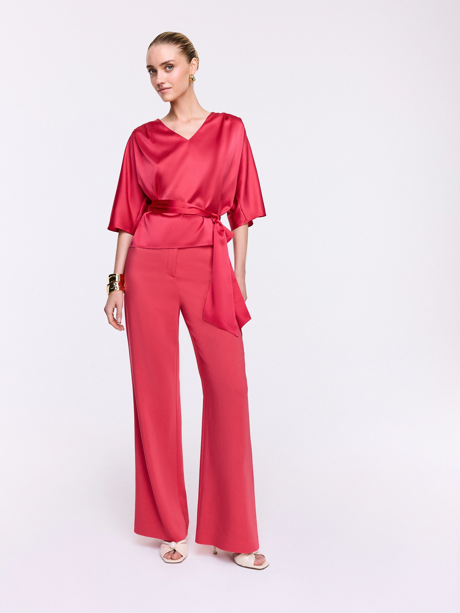 Coral Silk Blouse with Scarf Detail