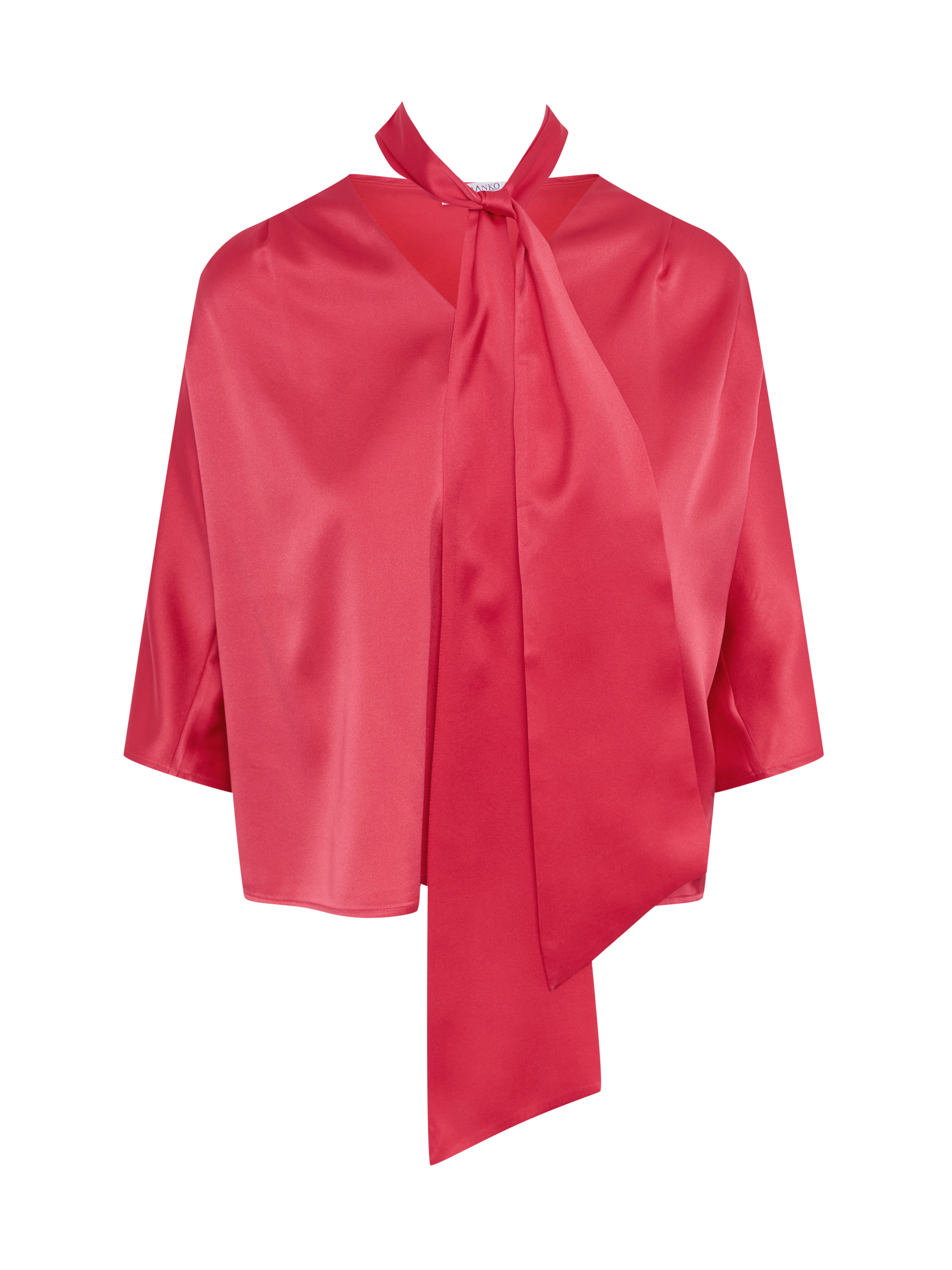 Coral Silk Blouse with Scarf Detail