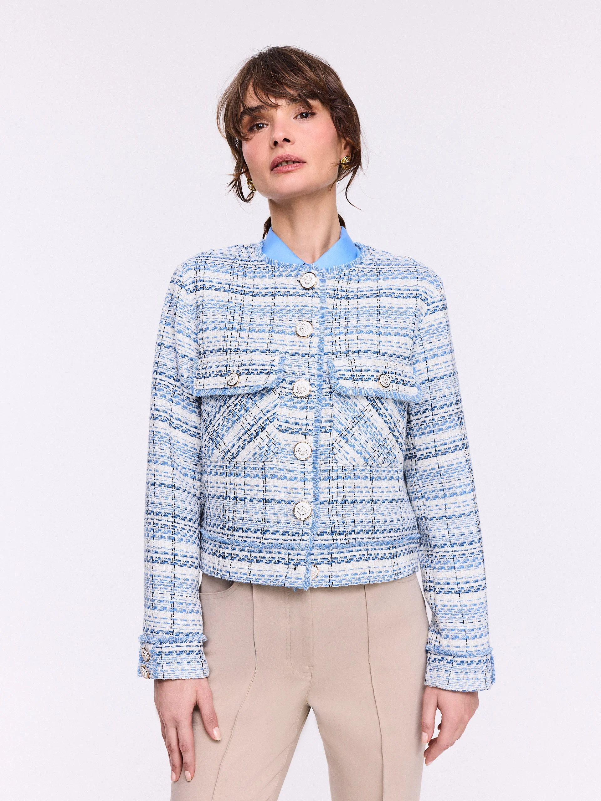 Short tweed jacket in shades of blue