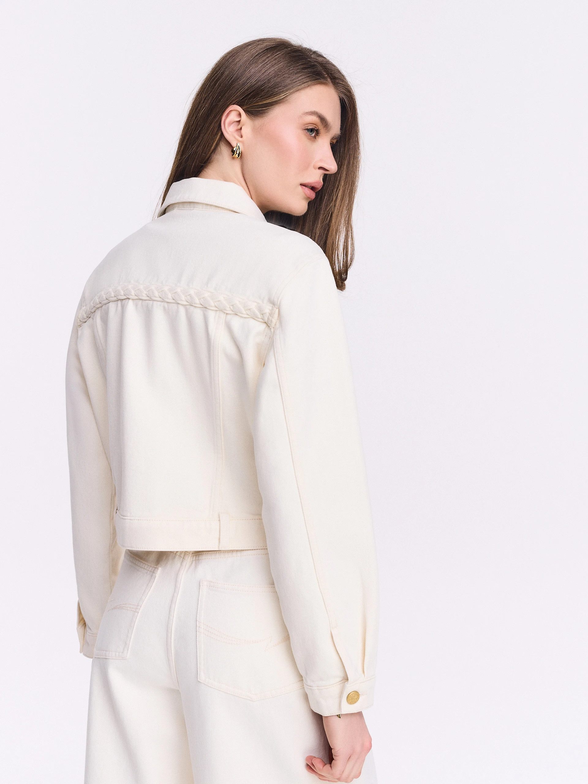 Cream denim jacket with gold buttons