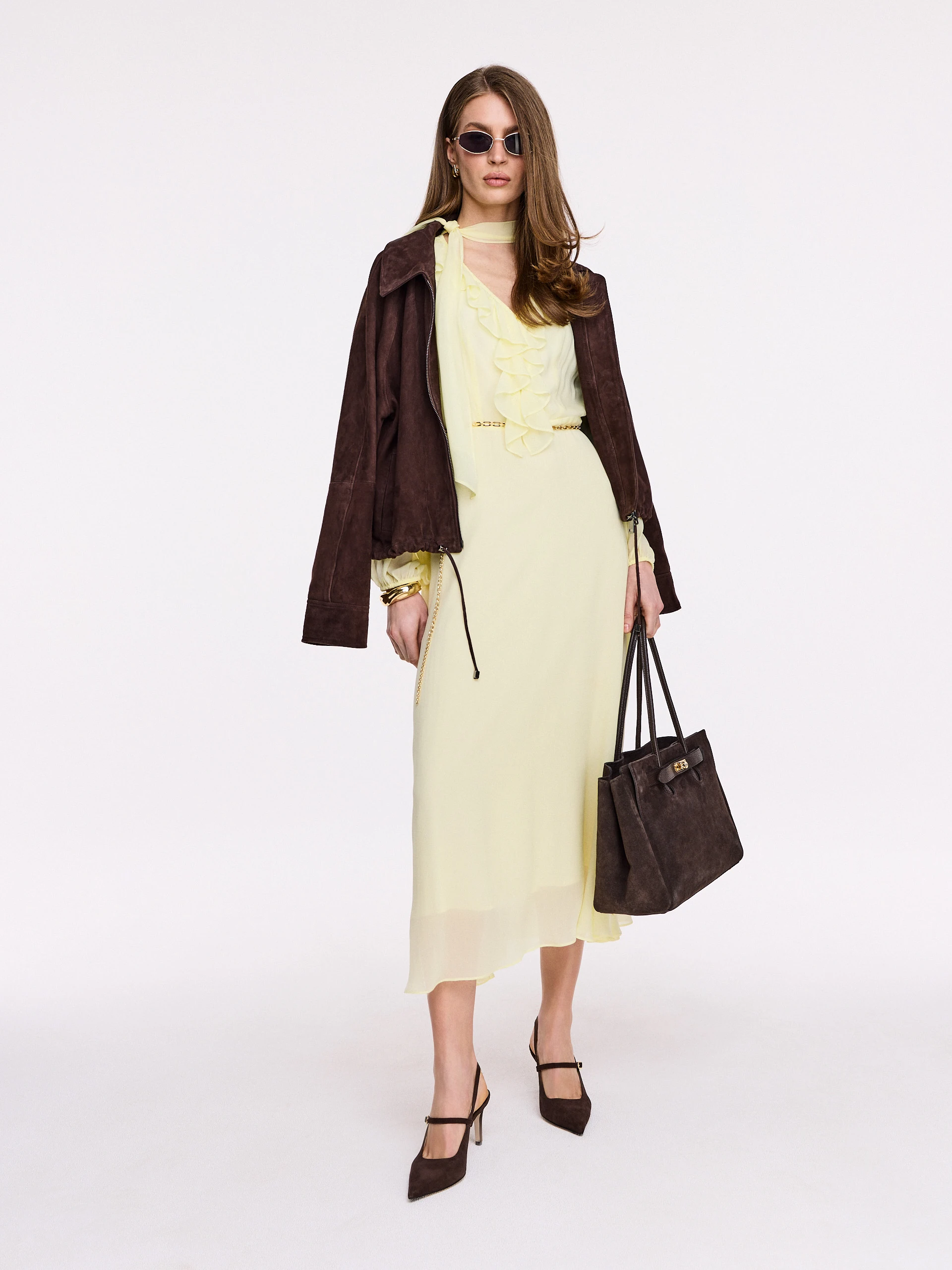 Light yellow viscose midi dress with frill
