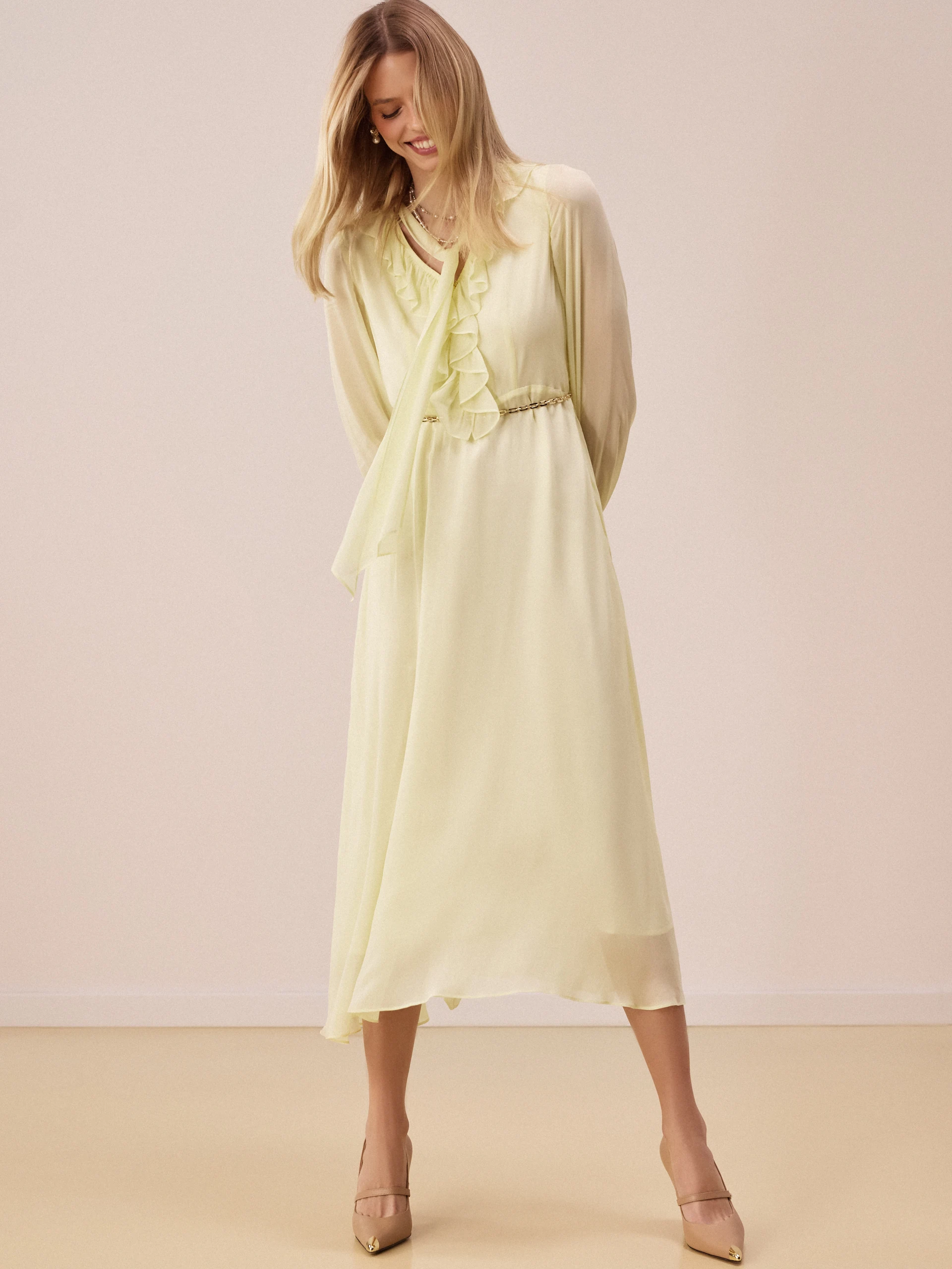 Light yellow viscose midi dress with frill