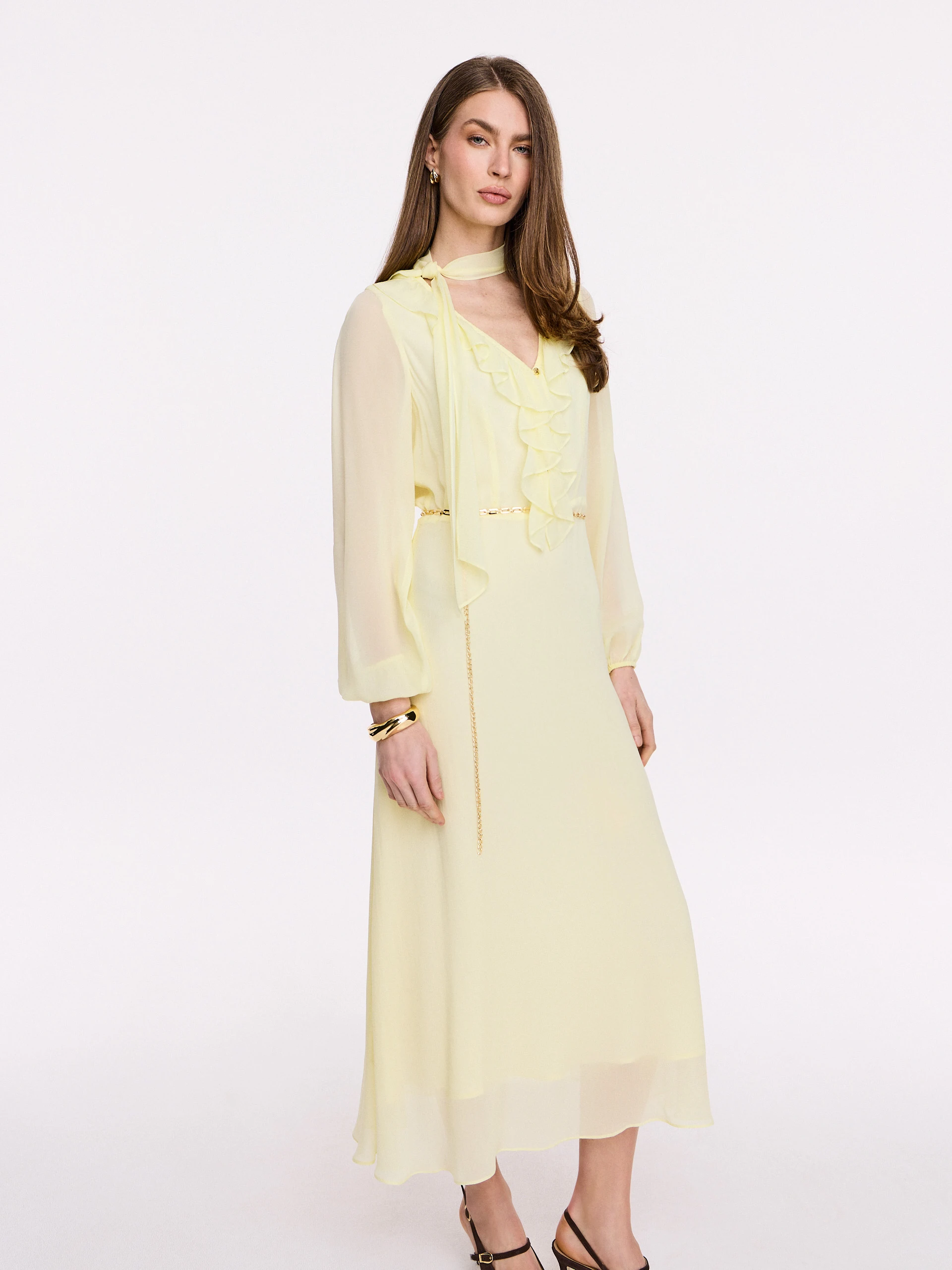 Light yellow viscose midi dress with frill