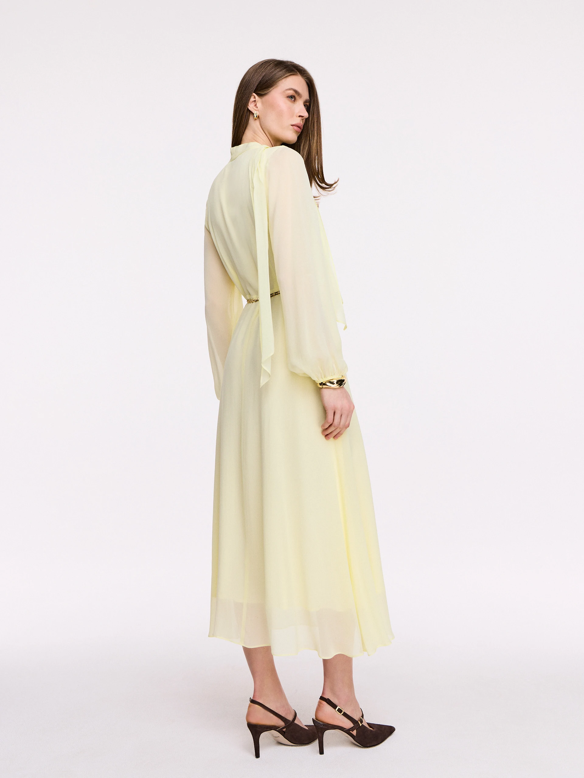 Light yellow viscose midi dress with frill