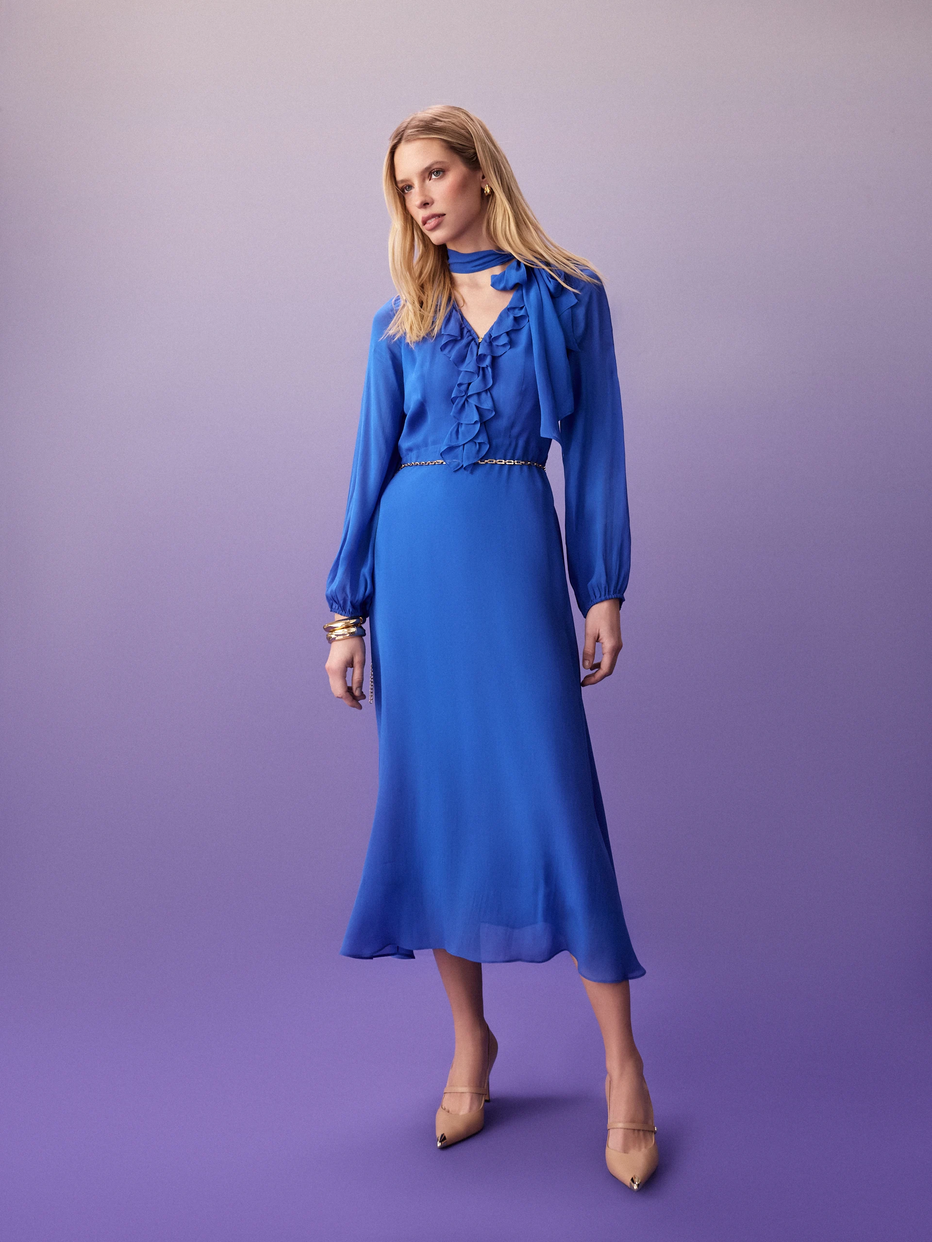 Sapphire viscose midi dress with jabot