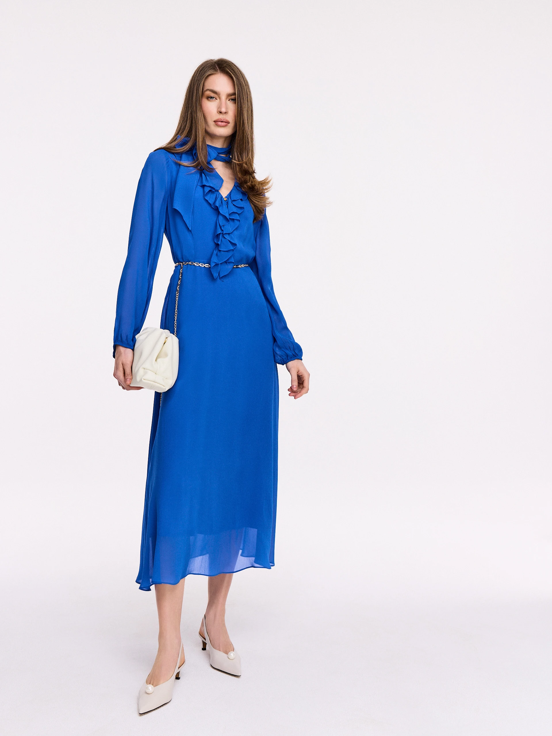 Sapphire viscose midi dress with jabot