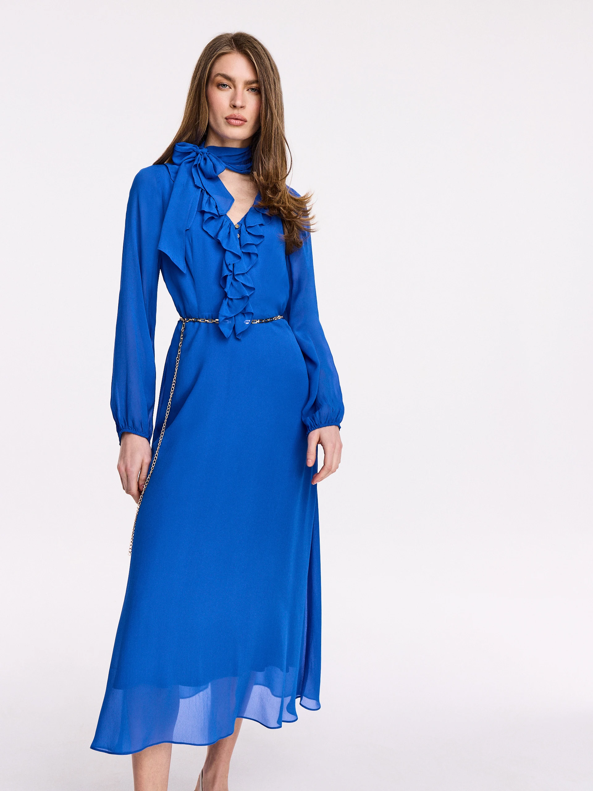 Sapphire viscose midi dress with jabot