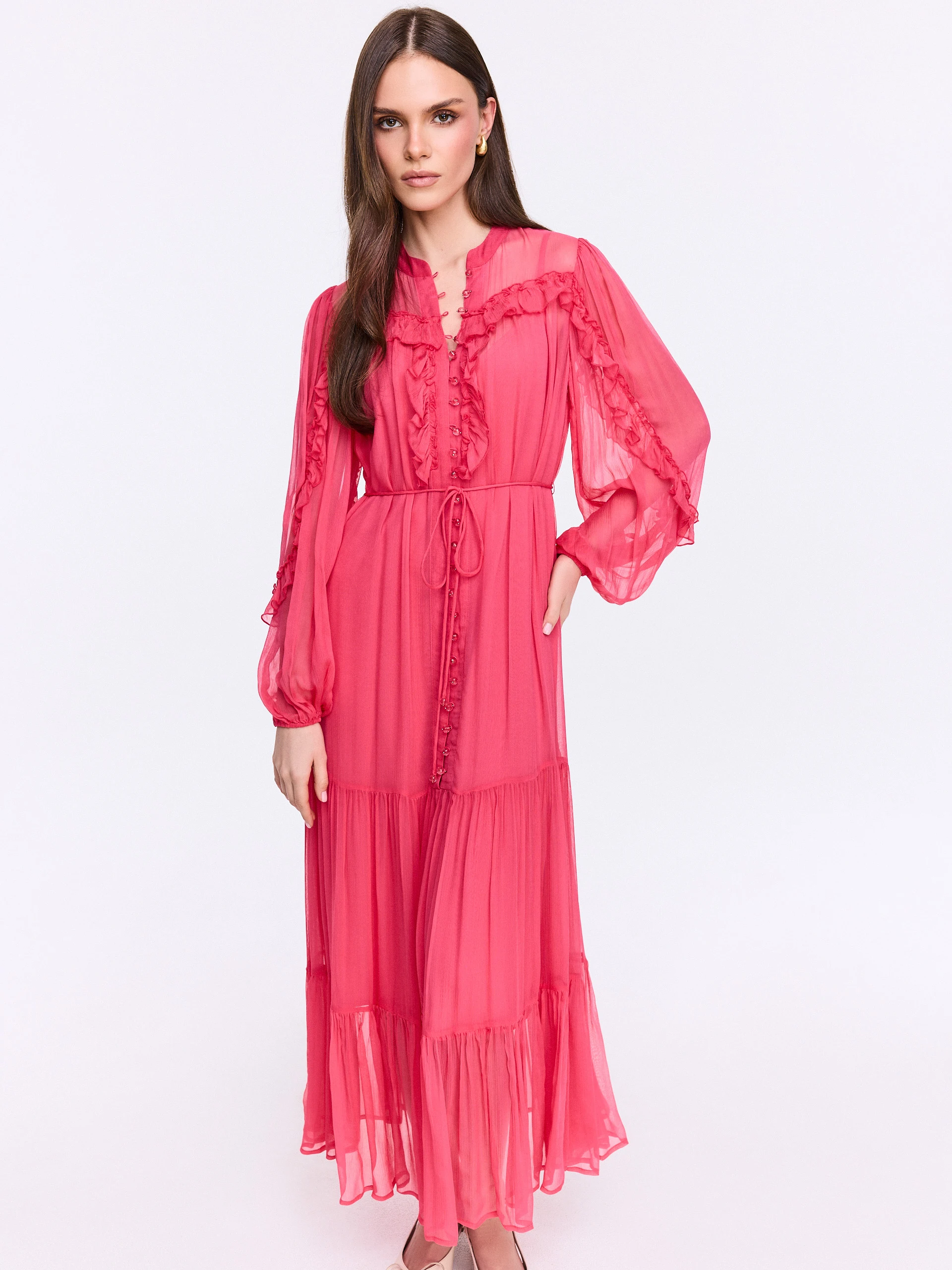 Long coral dress with ruffles - Taranko