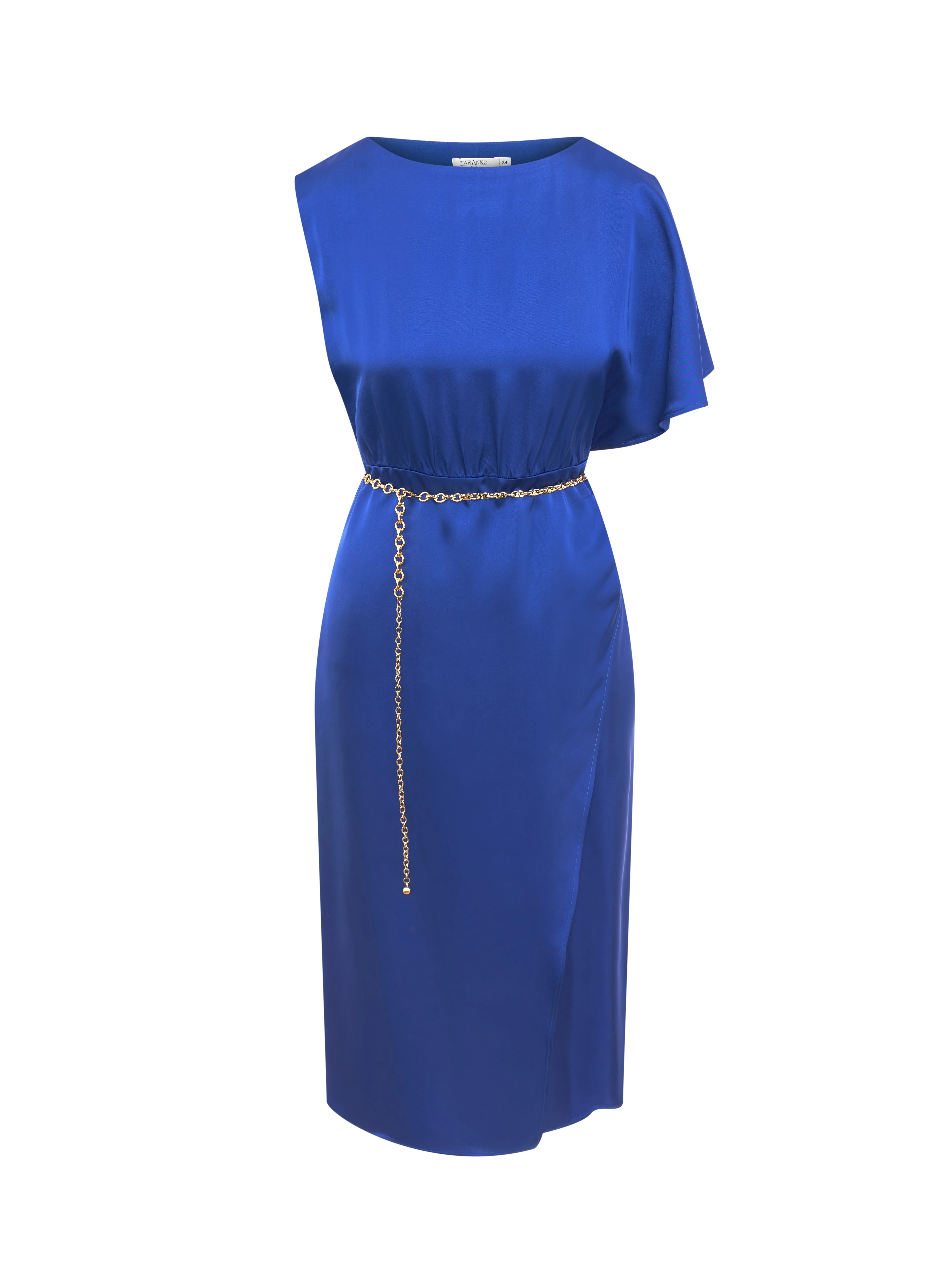 Sapphire-blue dress with an asymmetrical sleeve