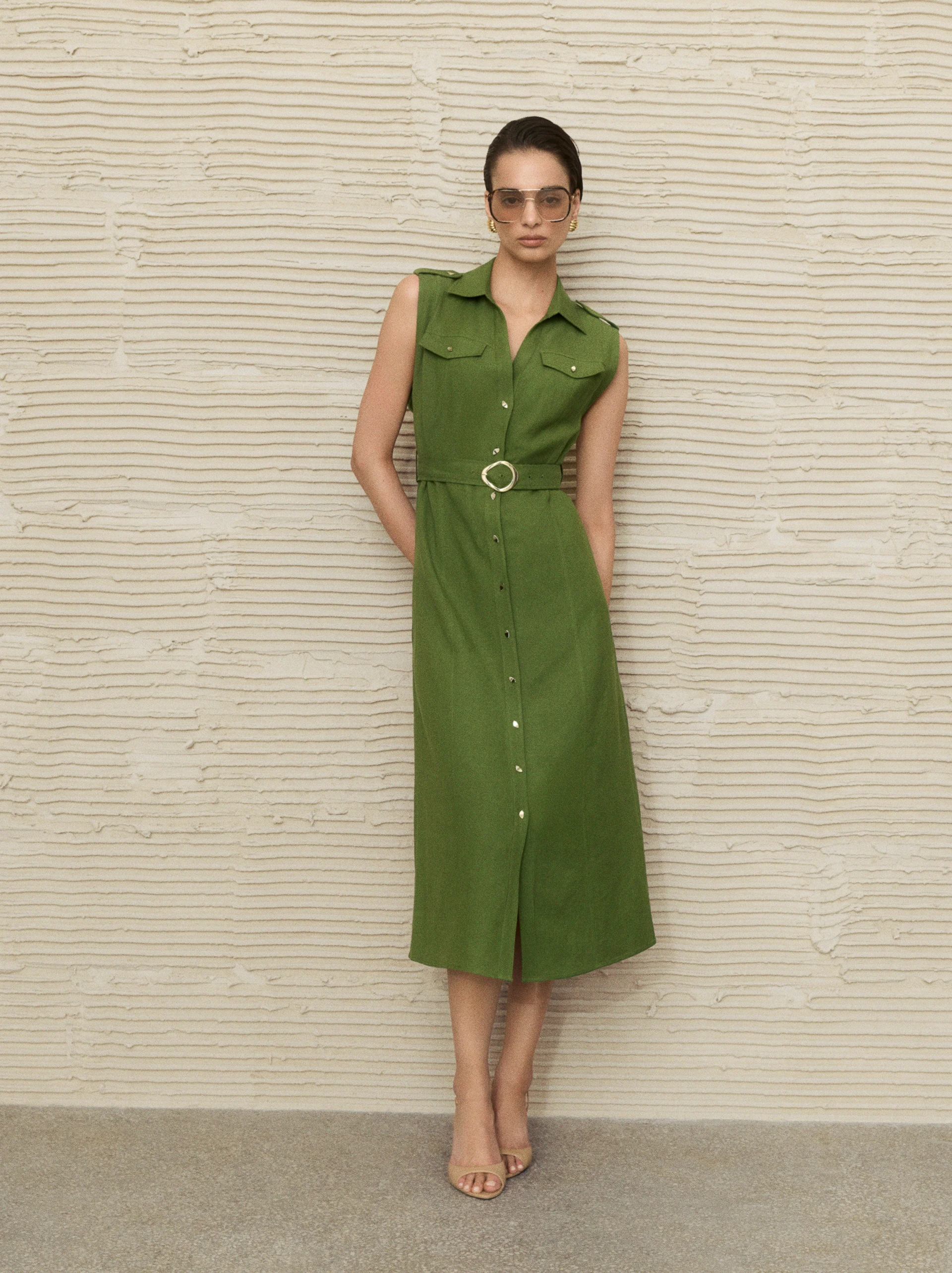 Olive-green midi-length shift dress