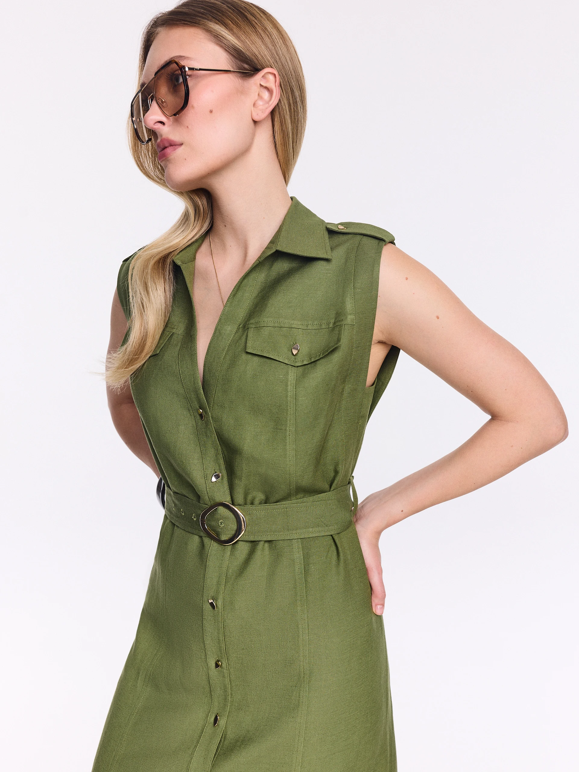 Olive-green midi-length shift dress