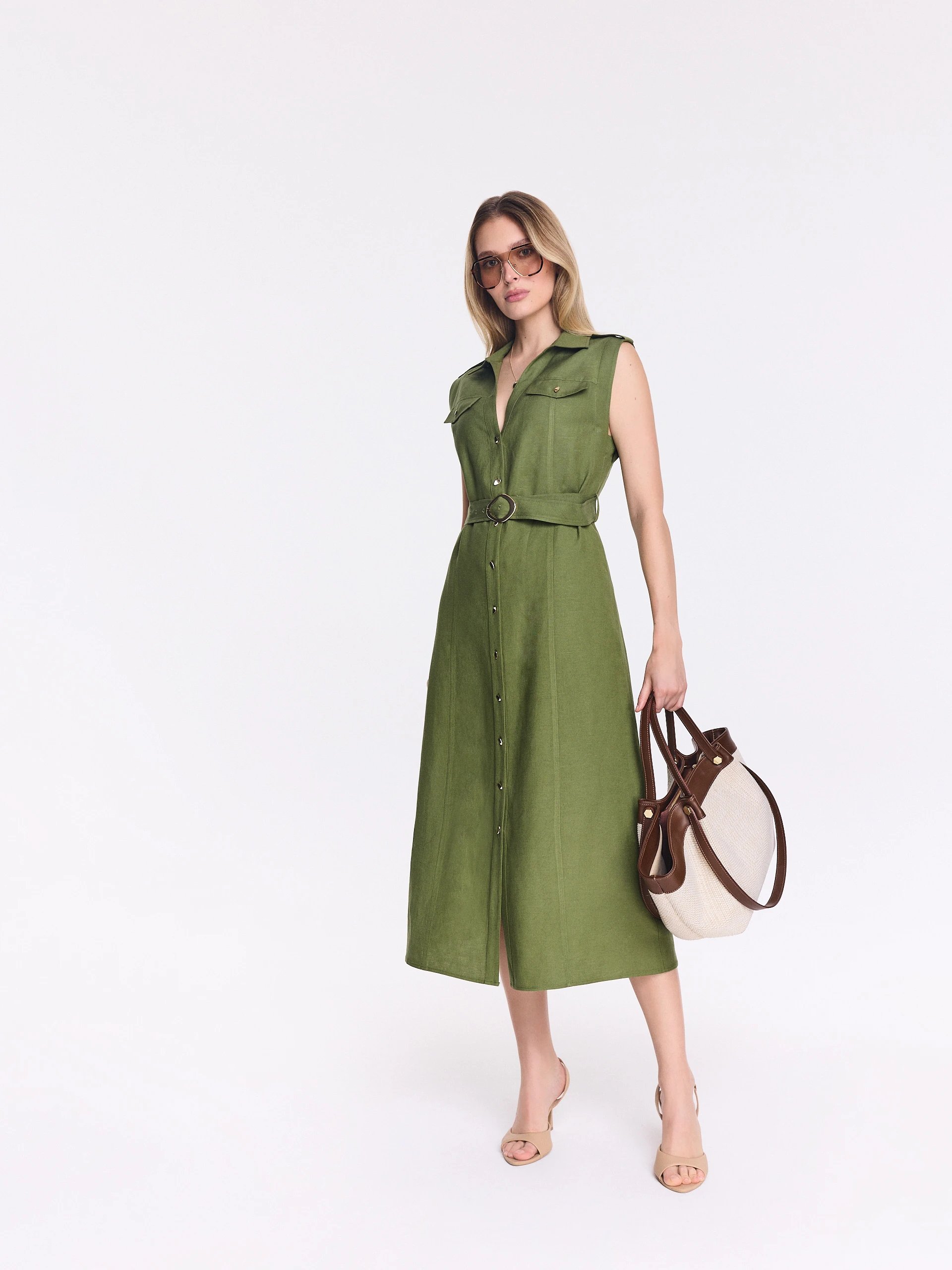 Olive-green midi-length shift dress