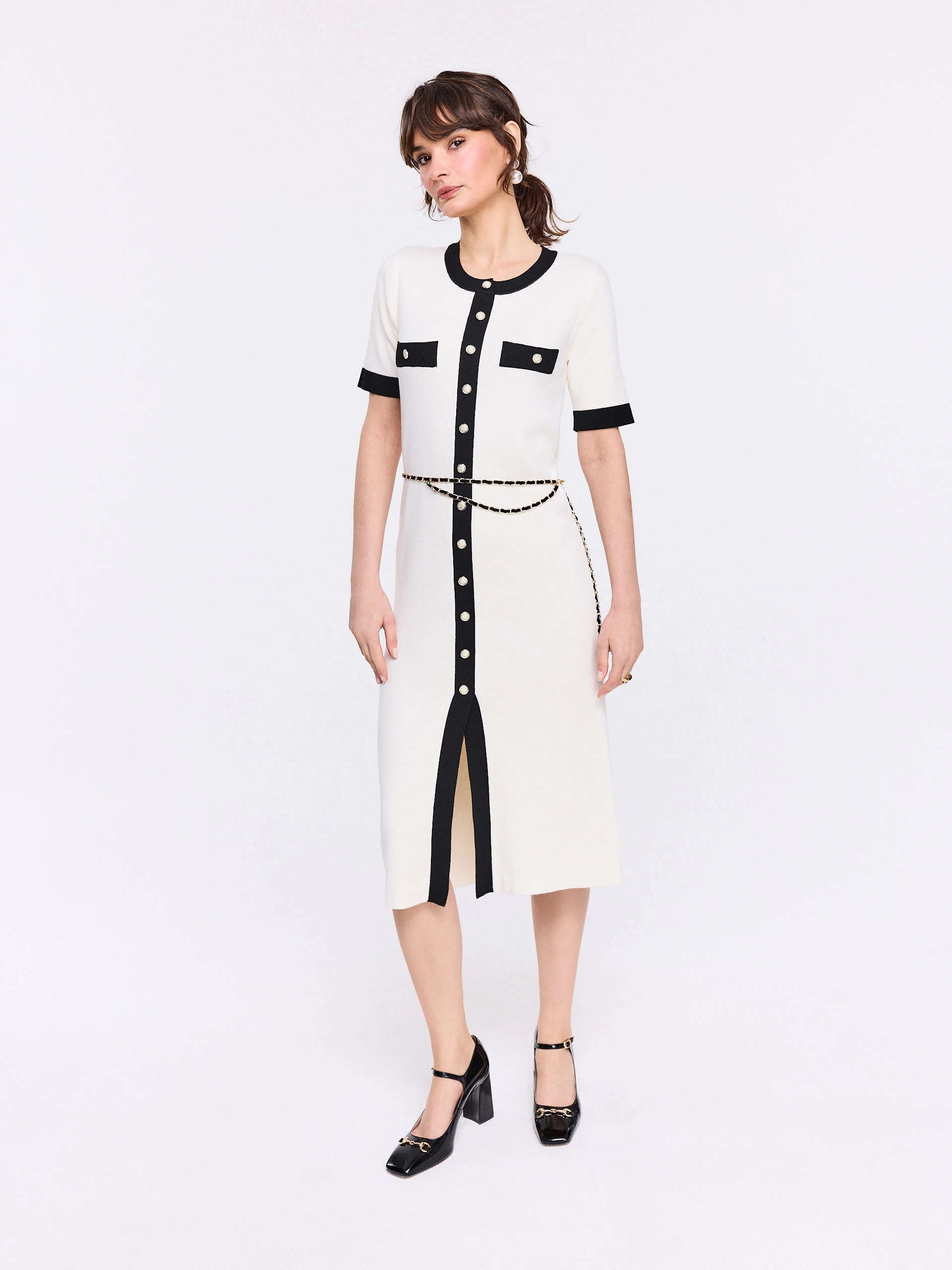 Midi dress with contrasting piping and decorative belt