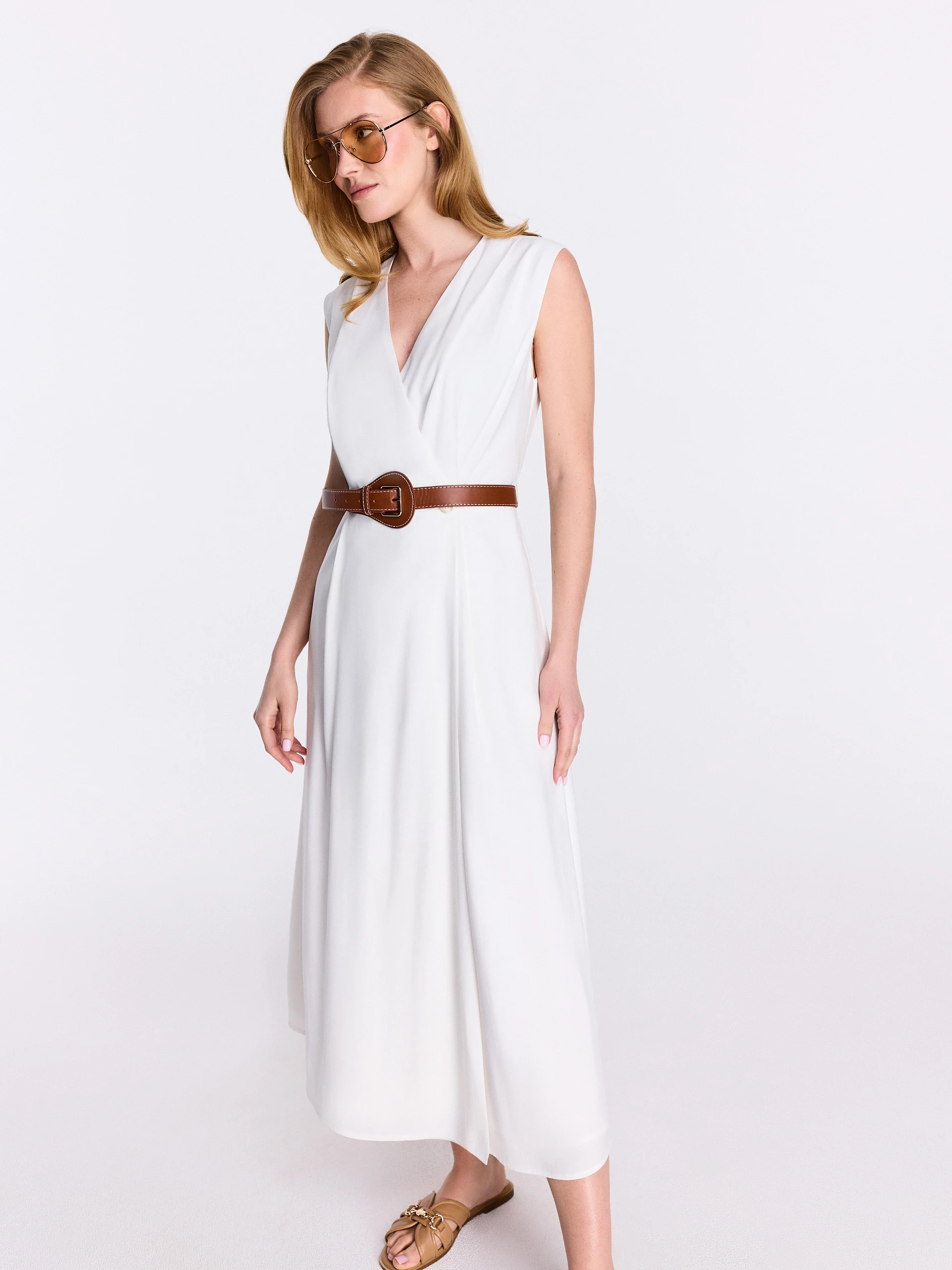 White midi dress with a wrap neckline