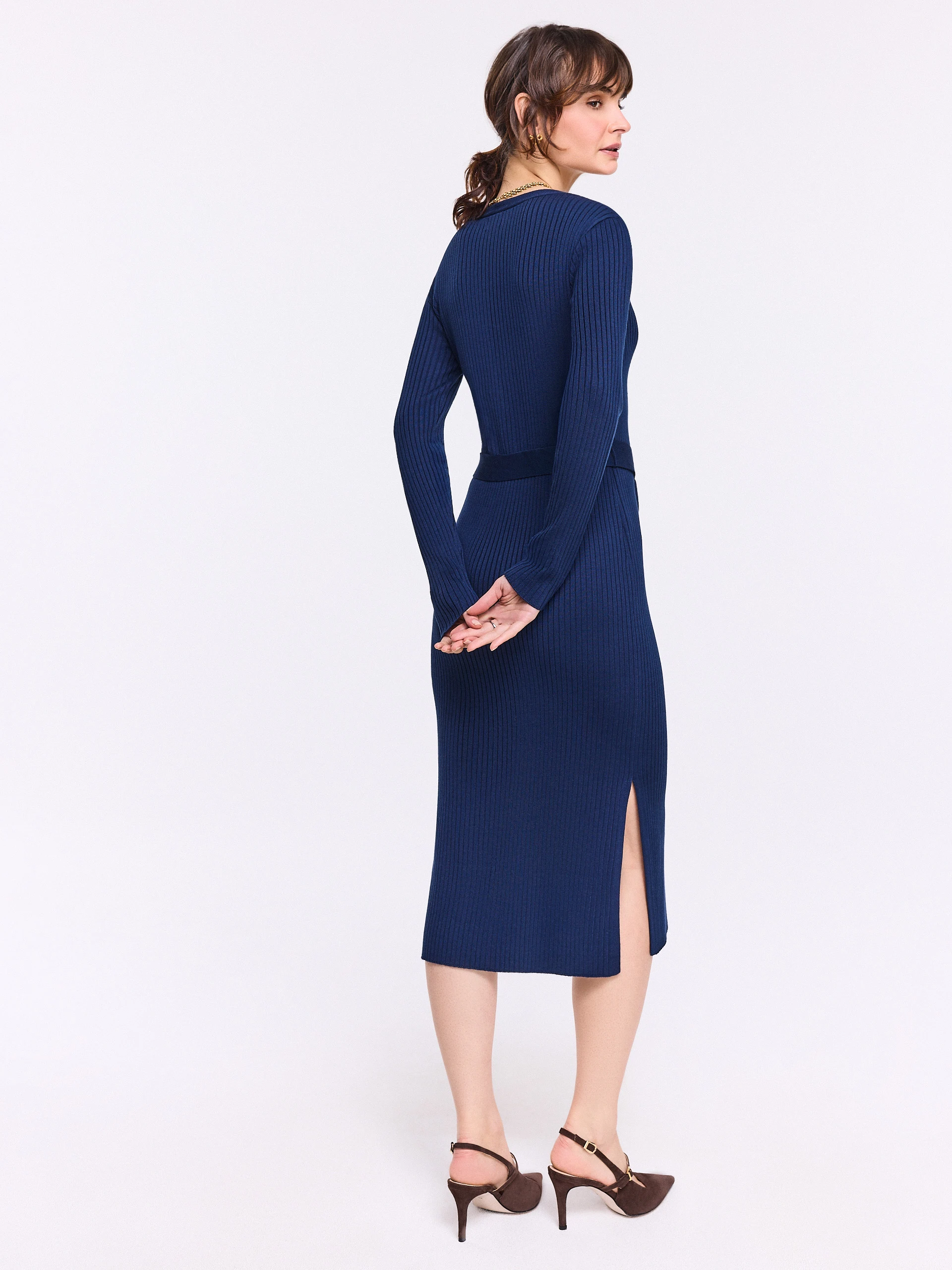 Navy blue fitted midi dress