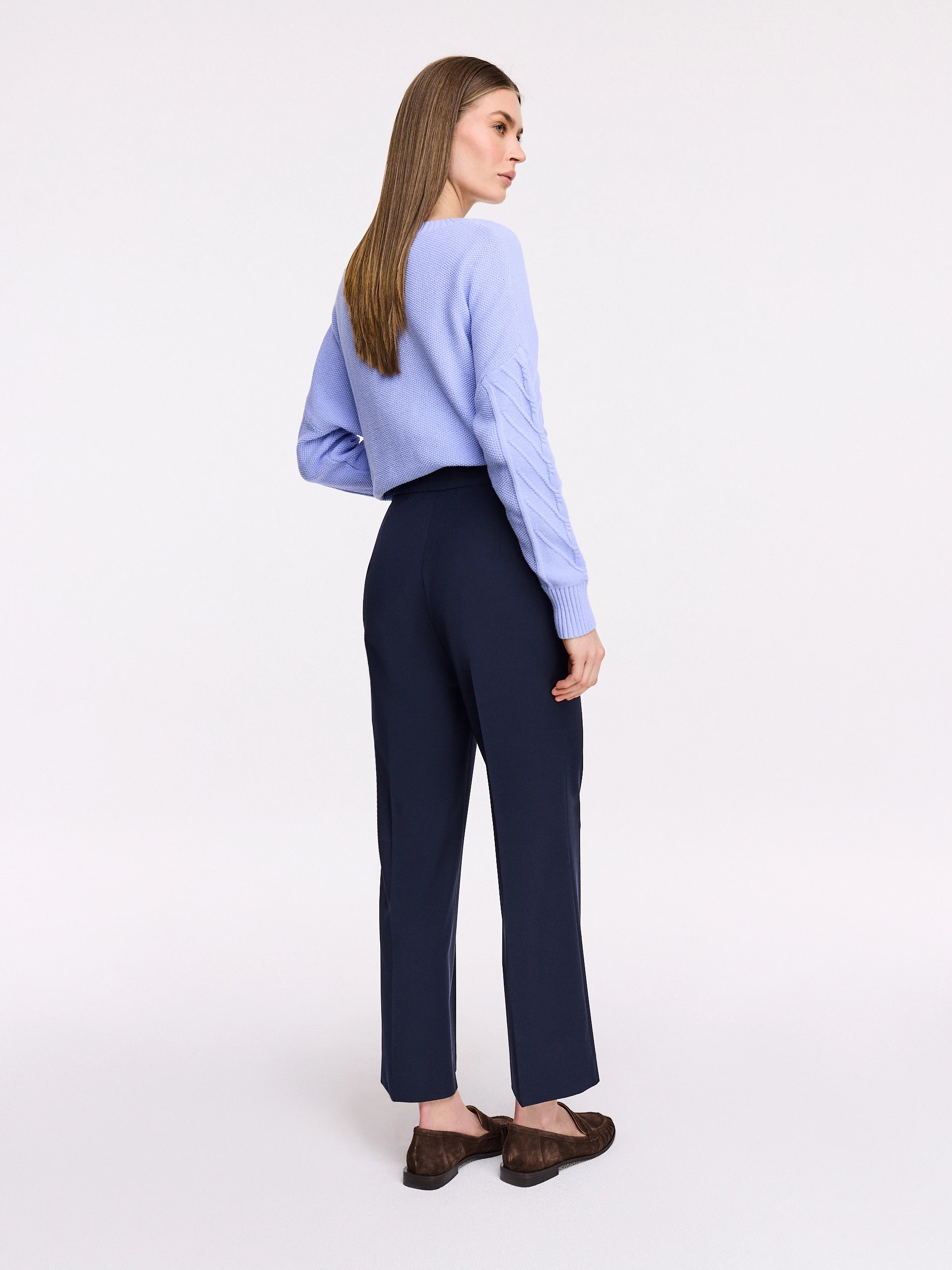 Navy blue high-waisted pants with ⅞ length legs