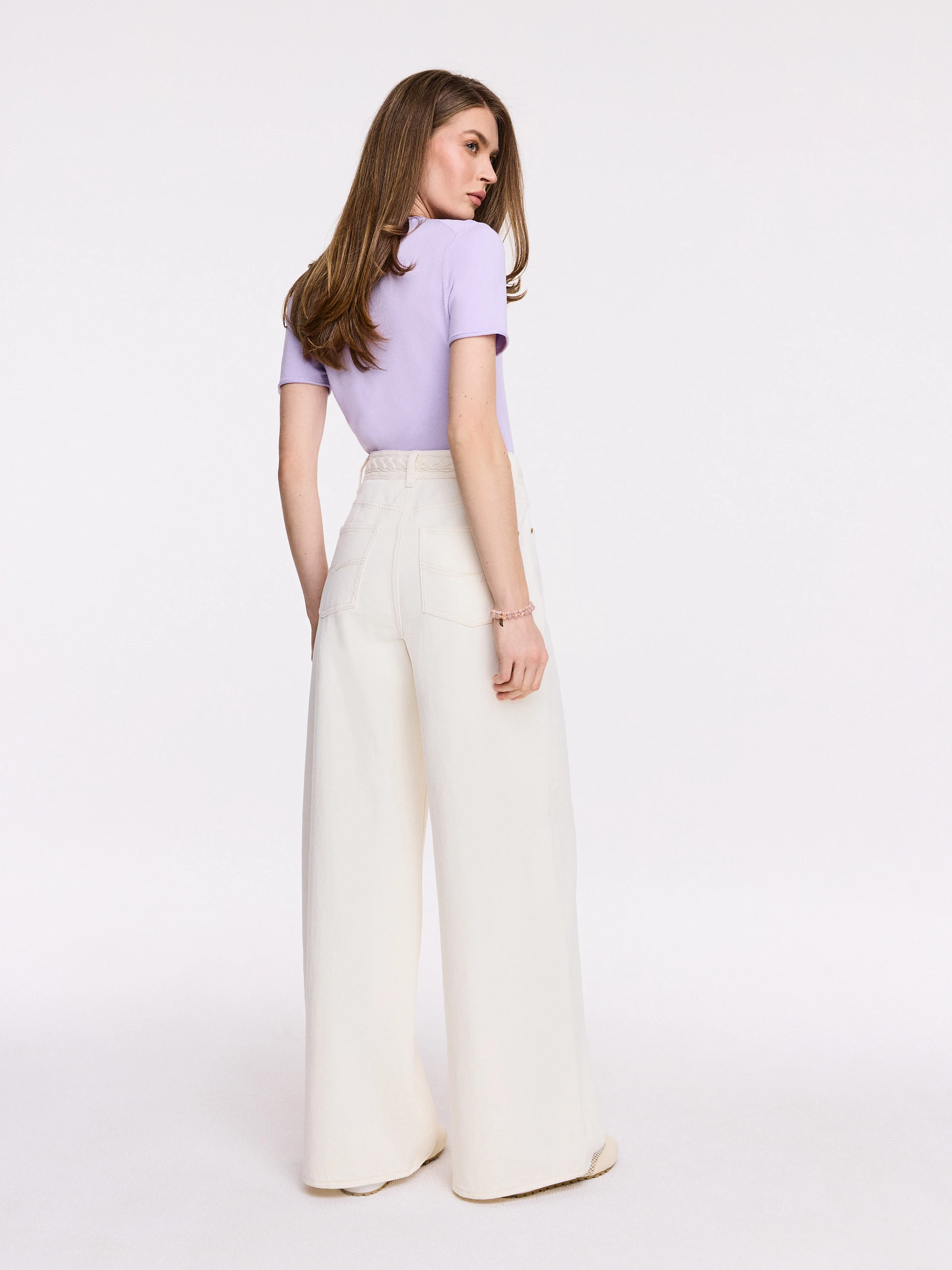 Cream wide-leg denim pants