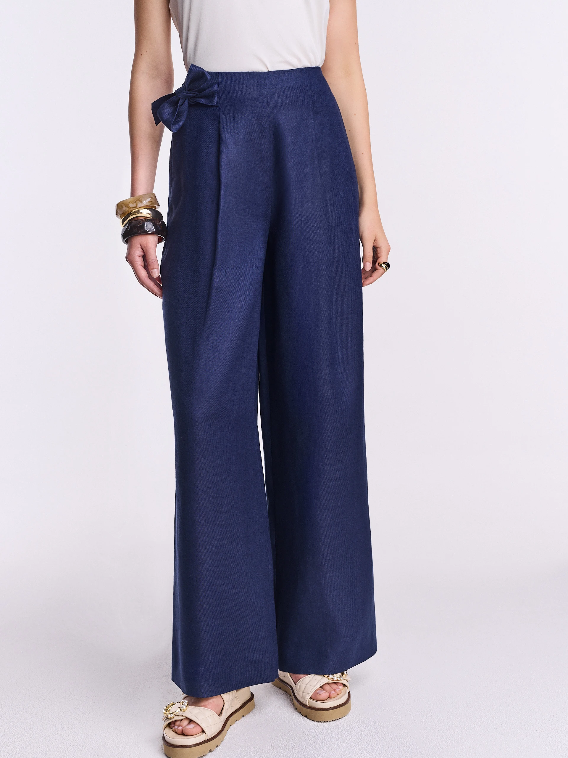 Navy blue linen trousers with side ties