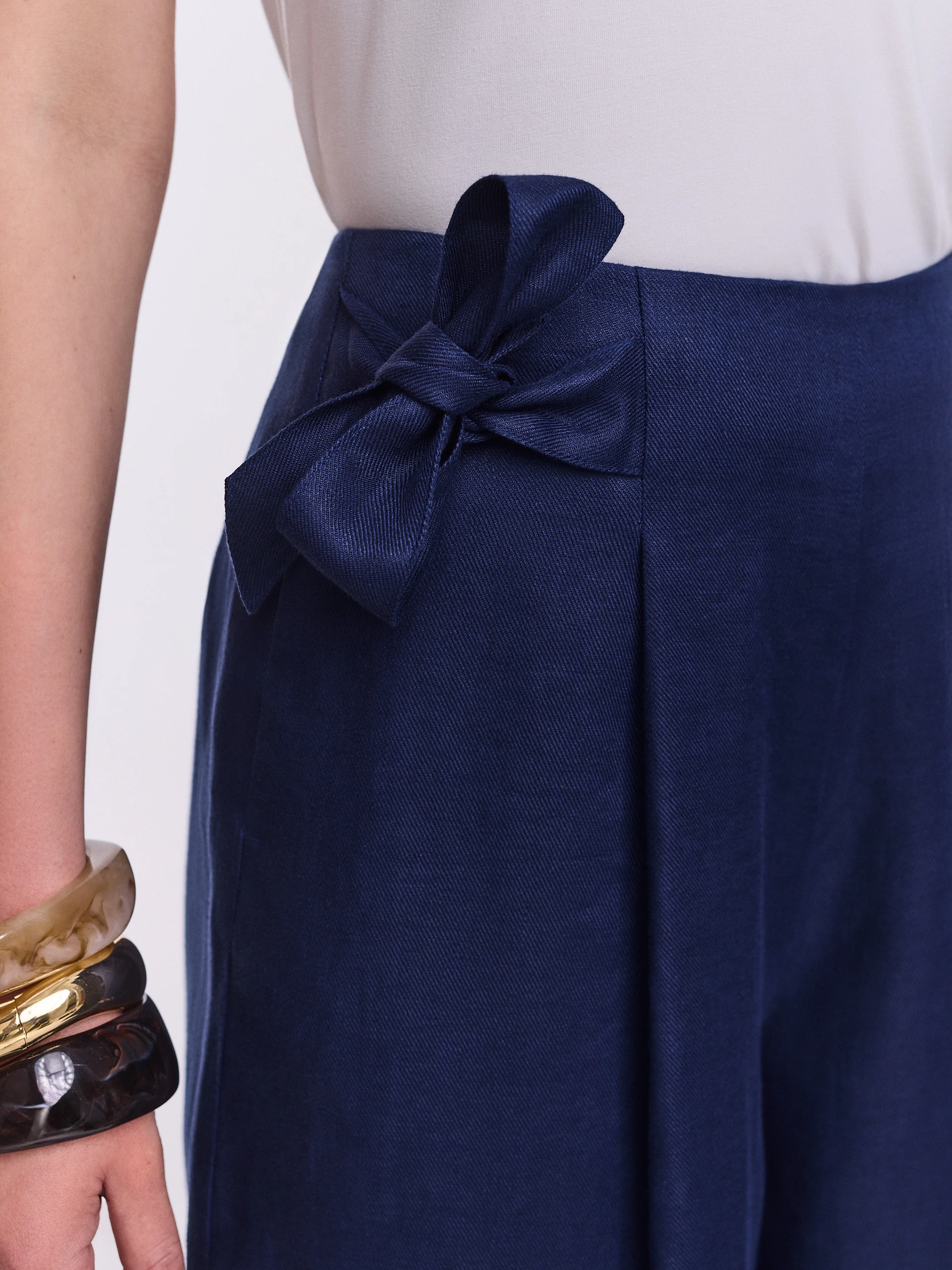 Navy blue linen trousers with side ties