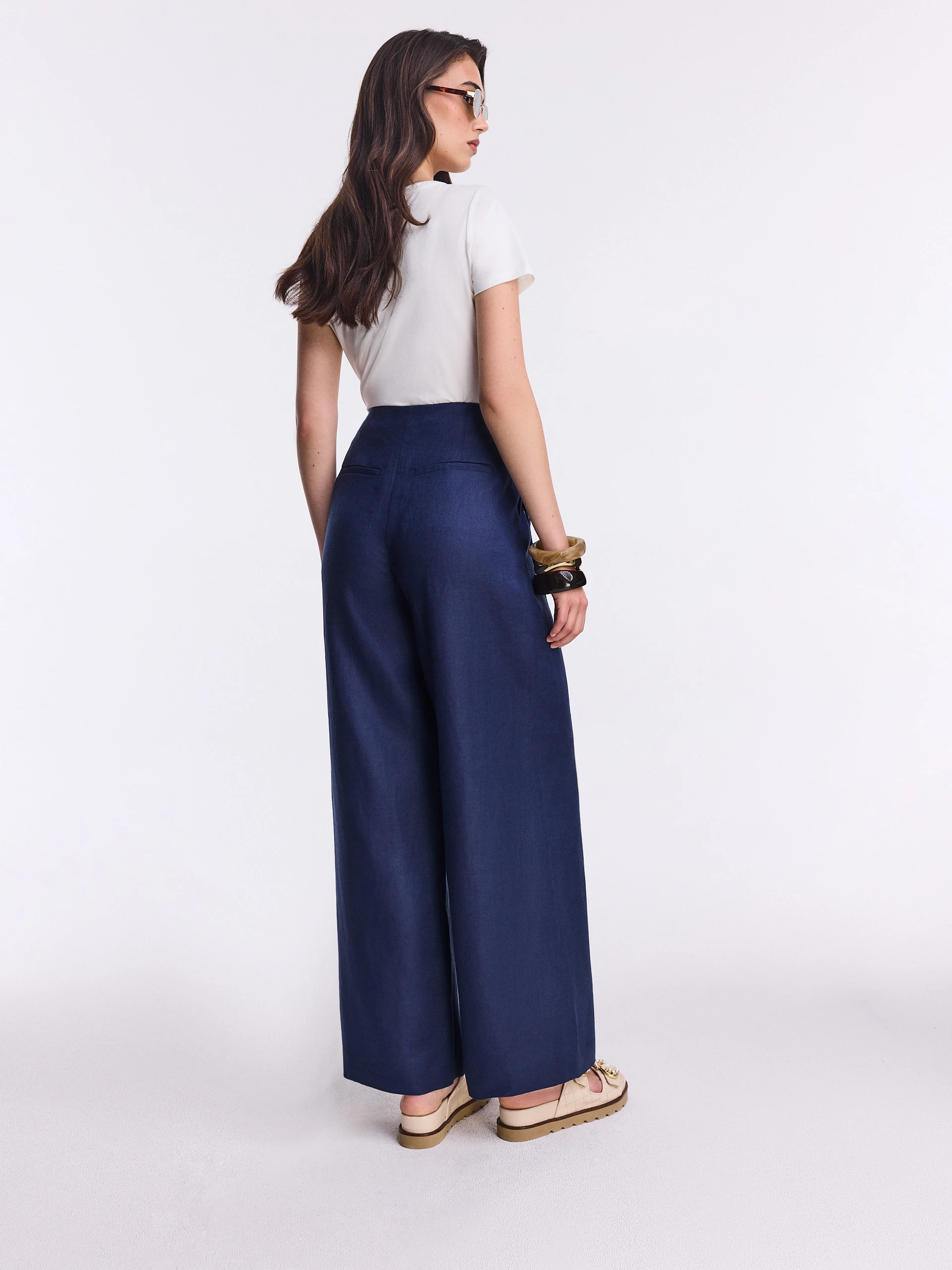 Navy blue linen trousers with side ties