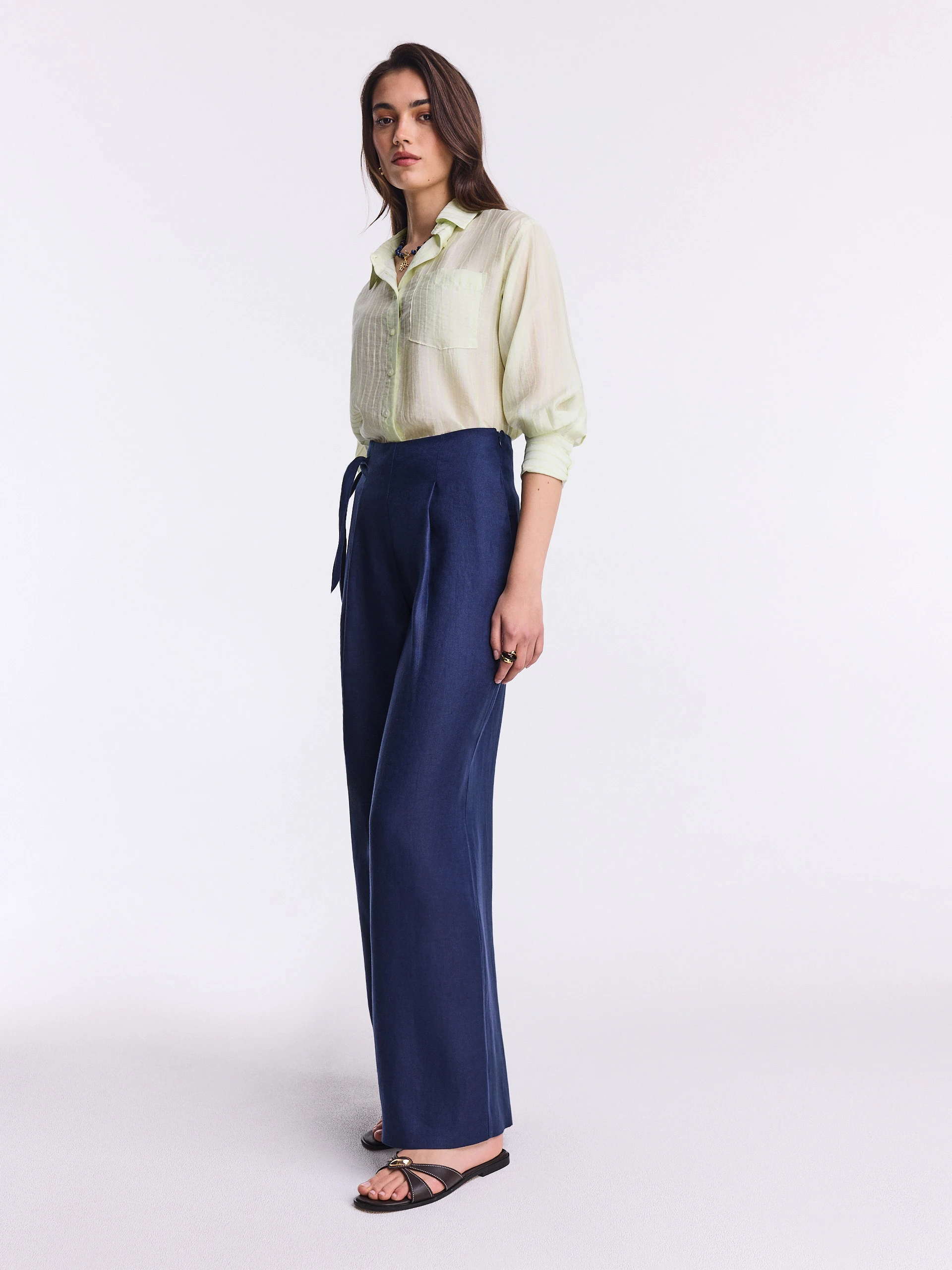 Navy blue linen trousers with side ties