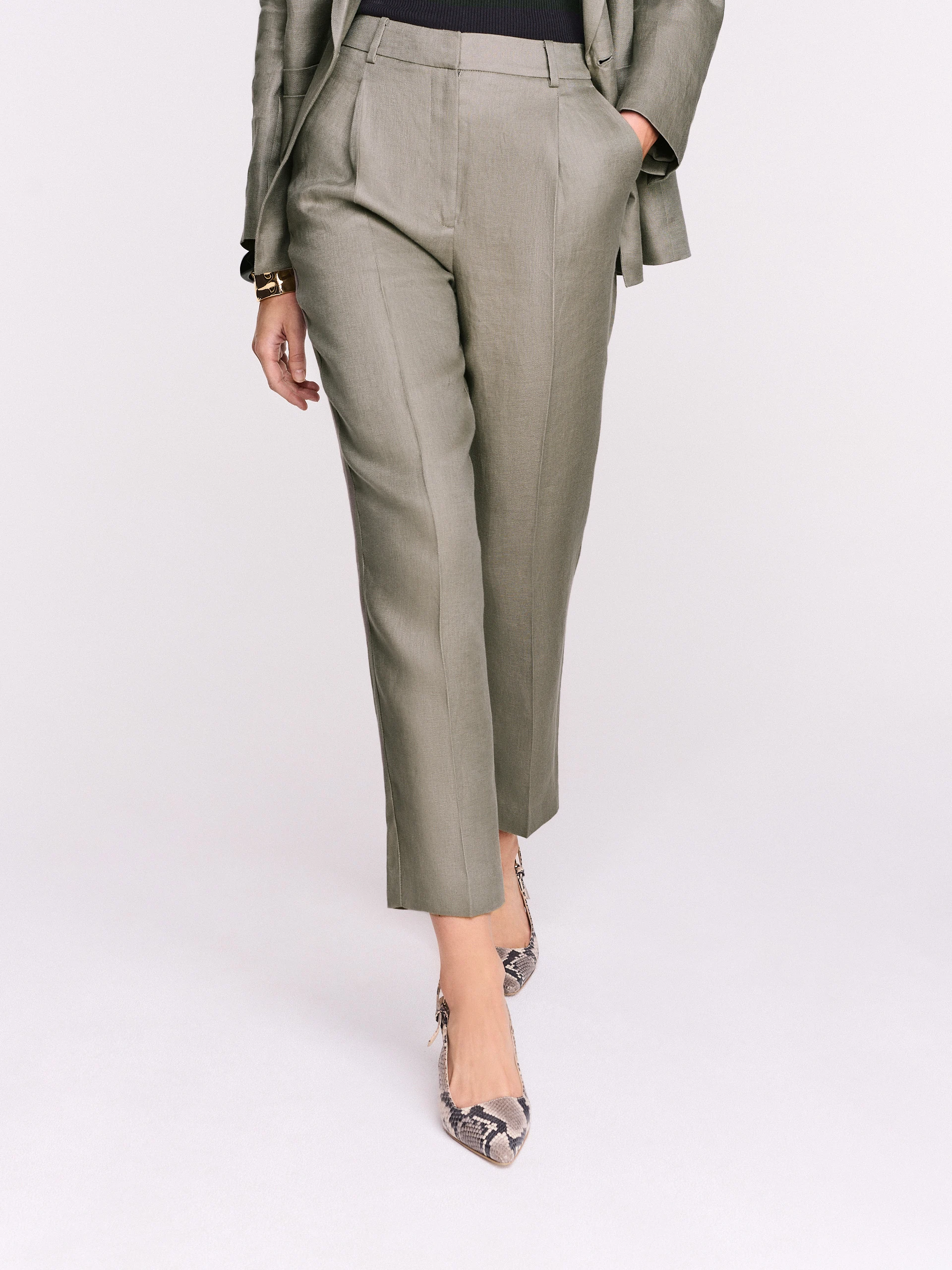 Lniane spodnie garniturowe w kolorze khaki