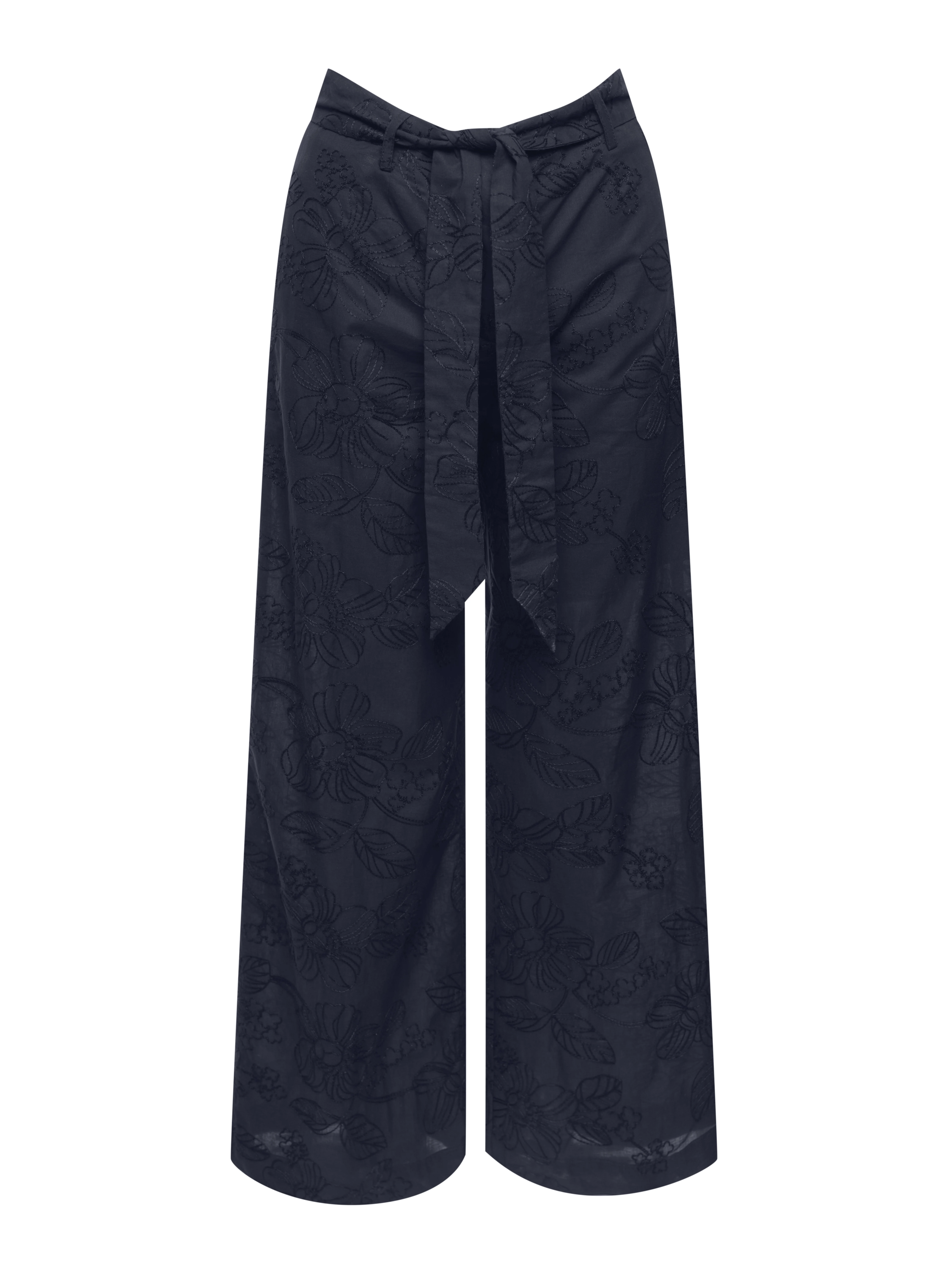 Black wide-leg pants with floral embroidery