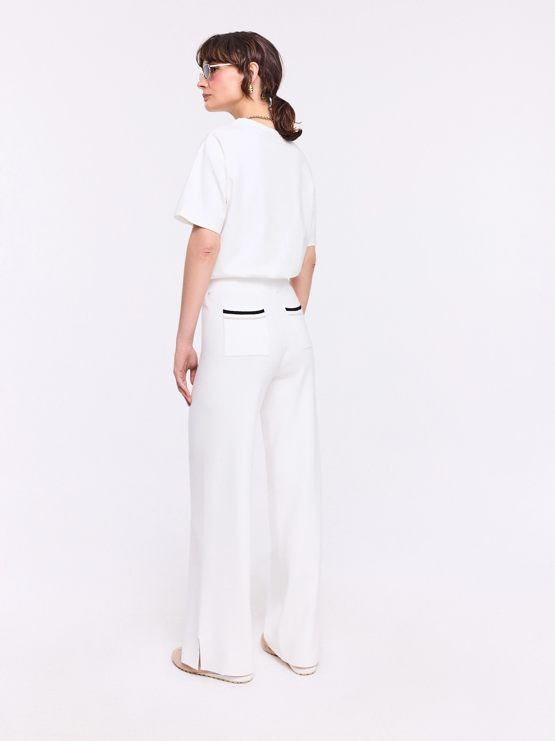 Cream high-waisted knit pants