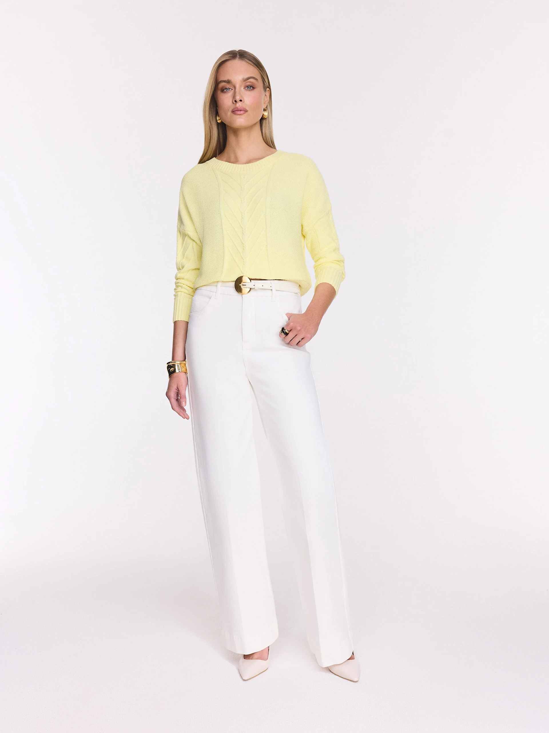 White high-waisted jeans with straight legs